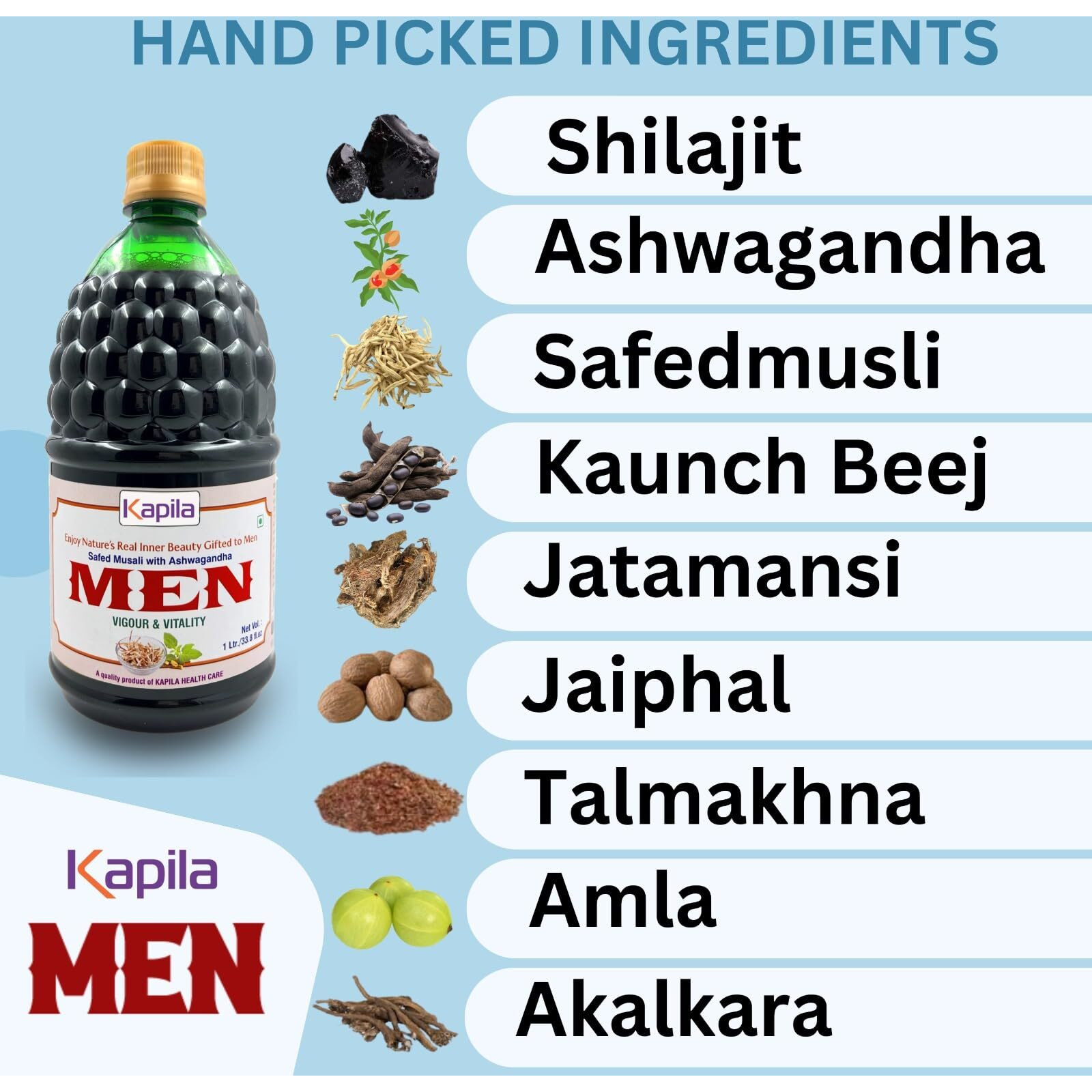 Kapila Shilajit Juice With Ashwagandha, Amla And 7 More Powerful Ingrendients For Boosts Energy Performance & Stamina, Controls Hair Fall, 1 Liter