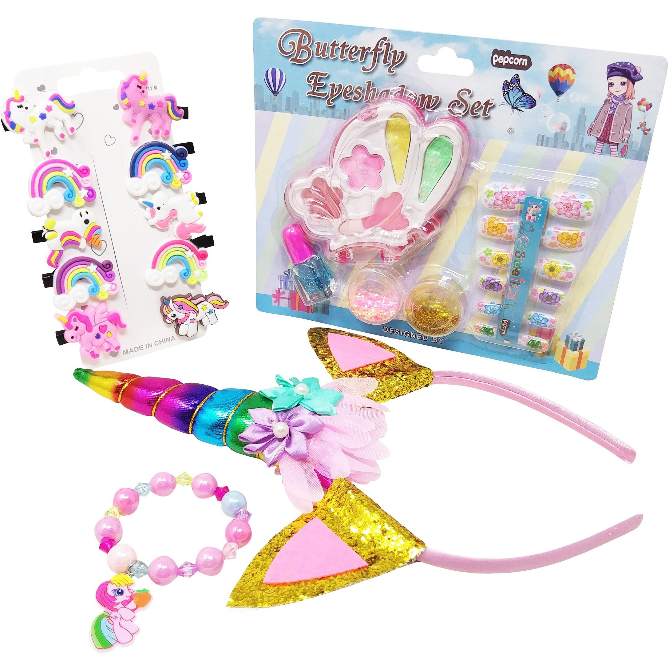 Parteet Combo (Pack Of 4 Items) For Birthday/Birthday Return Gifts For Kids/Combo/Beauty/Makeup Kit/Cosmetic Kit With Unicorn Hairband/Unicorn Clip And Unicorn Bracelet For Girl Kids, Felt, Pink