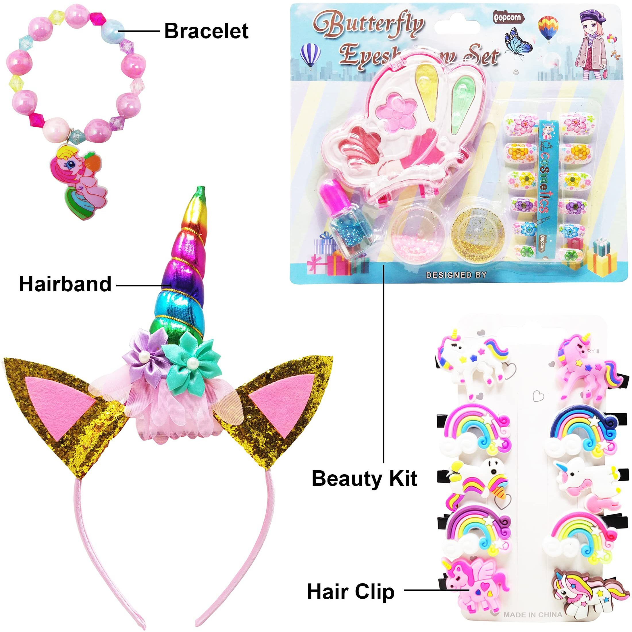 Parteet Combo (Pack Of 4 Items) For Birthday/Birthday Return Gifts For Kids/Combo/Beauty/Makeup Kit/Cosmetic Kit With Unicorn Hairband/Unicorn Clip And Unicorn Bracelet For Girl Kids, Felt, Pink