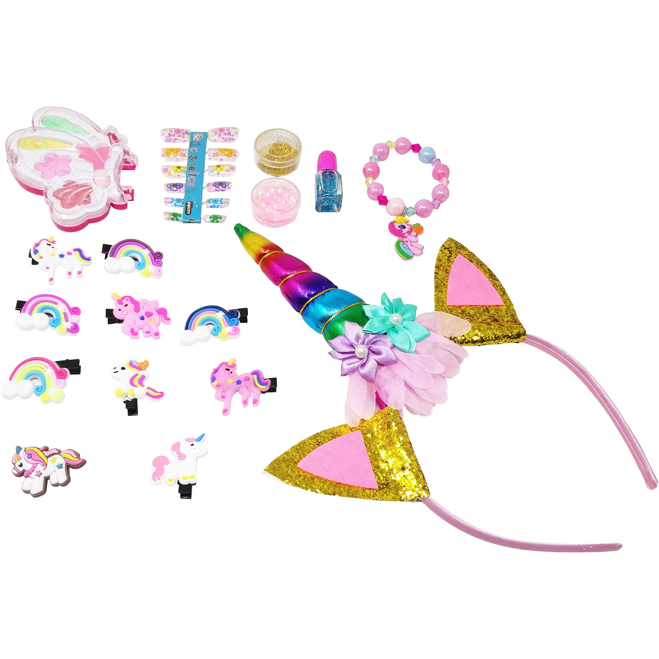 Parteet Combo (Pack Of 4 Items) For Birthday/Birthday Return Gifts For Kids/Combo/Beauty/Makeup Kit/Cosmetic Kit With Unicorn Hairband/Unicorn Clip And Unicorn Bracelet For Girl Kids, Felt, Pink