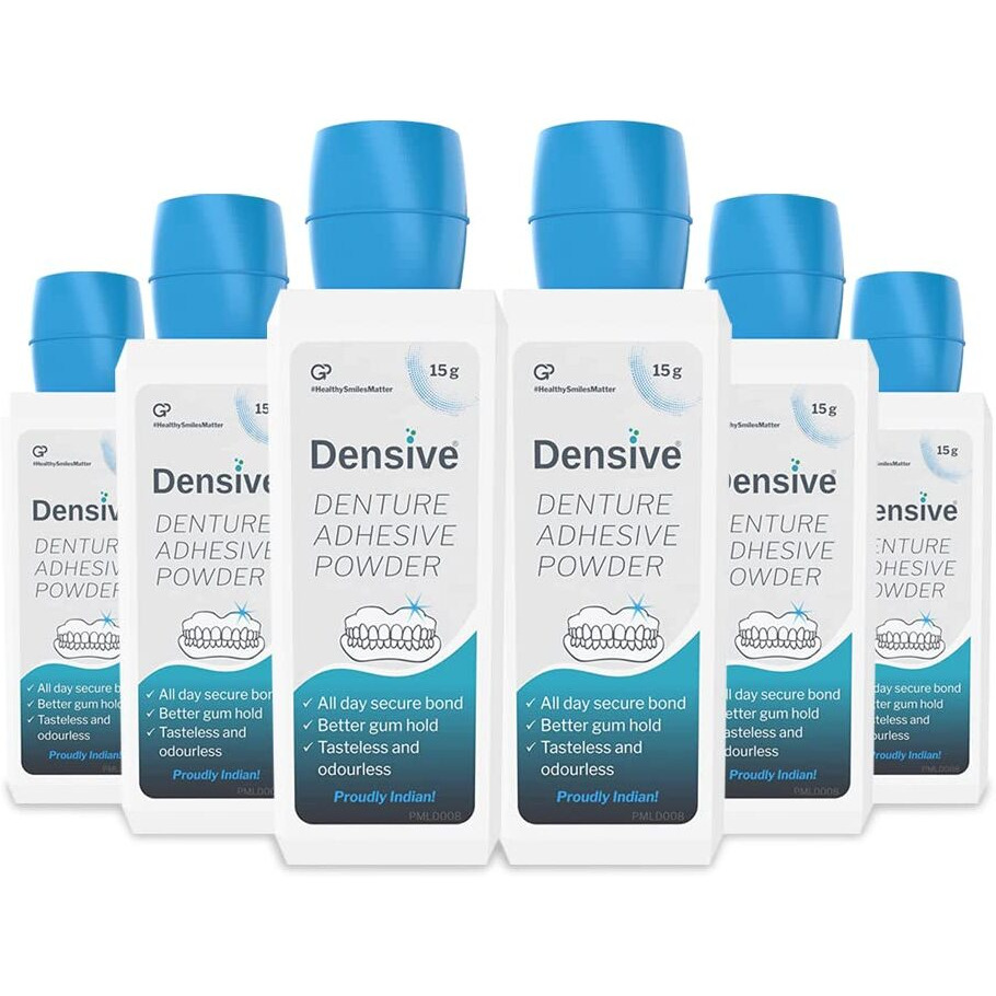 Densive Denture Adhesive Powder Pack Of 6 | 15G Per Pack | Tasteless, Flavorless, And Odourless | Non-Toxic | Better Gum Hold | All Day Secure Bond | Creates Strong Bond Between Gums And Dentures