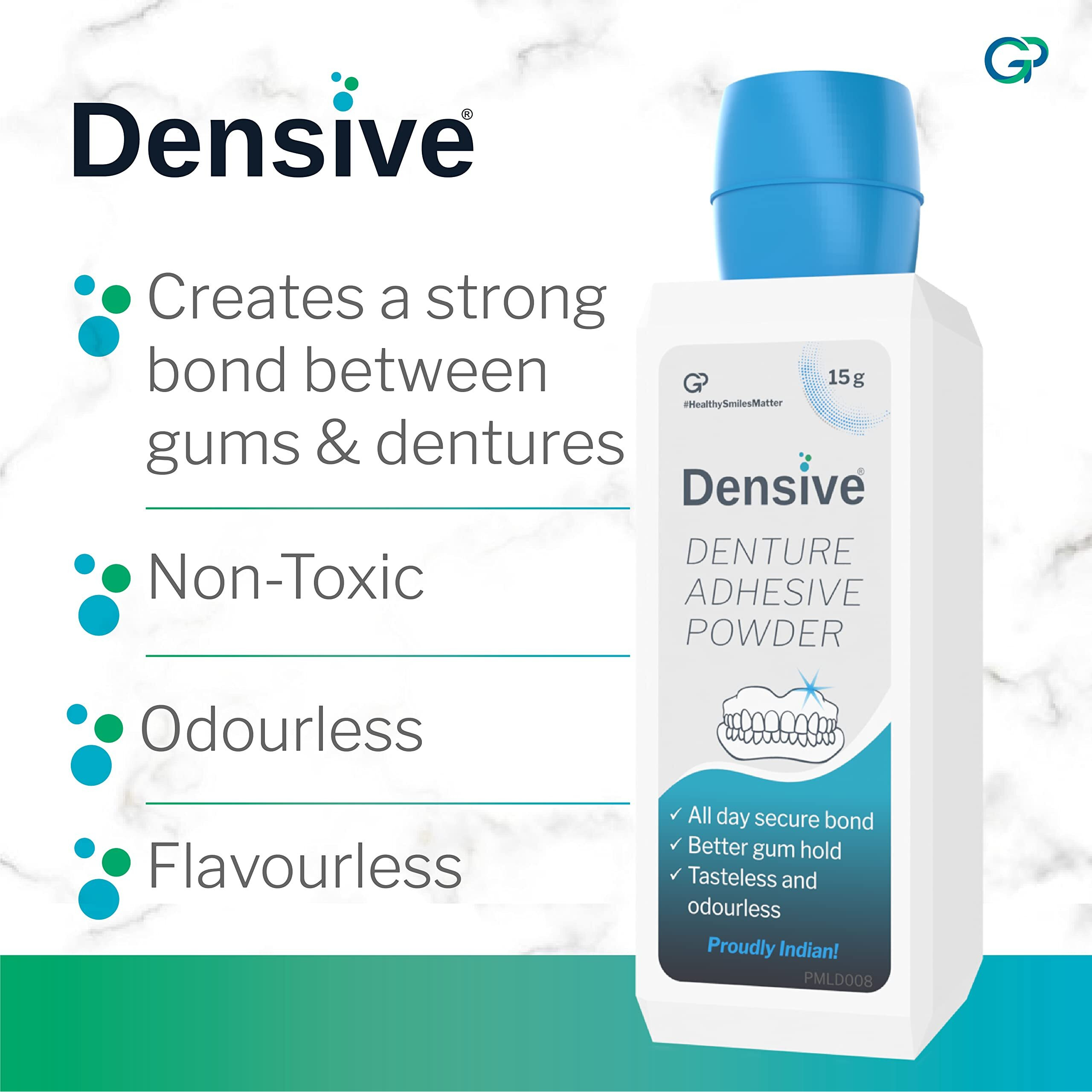 Densive Denture Adhesive Powder Pack Of 6 | 15G Per Pack | Tasteless, Flavorless, And Odourless | Non-Toxic | Better Gum Hold | All Day Secure Bond | Creates Strong Bond Between Gums And Dentures
