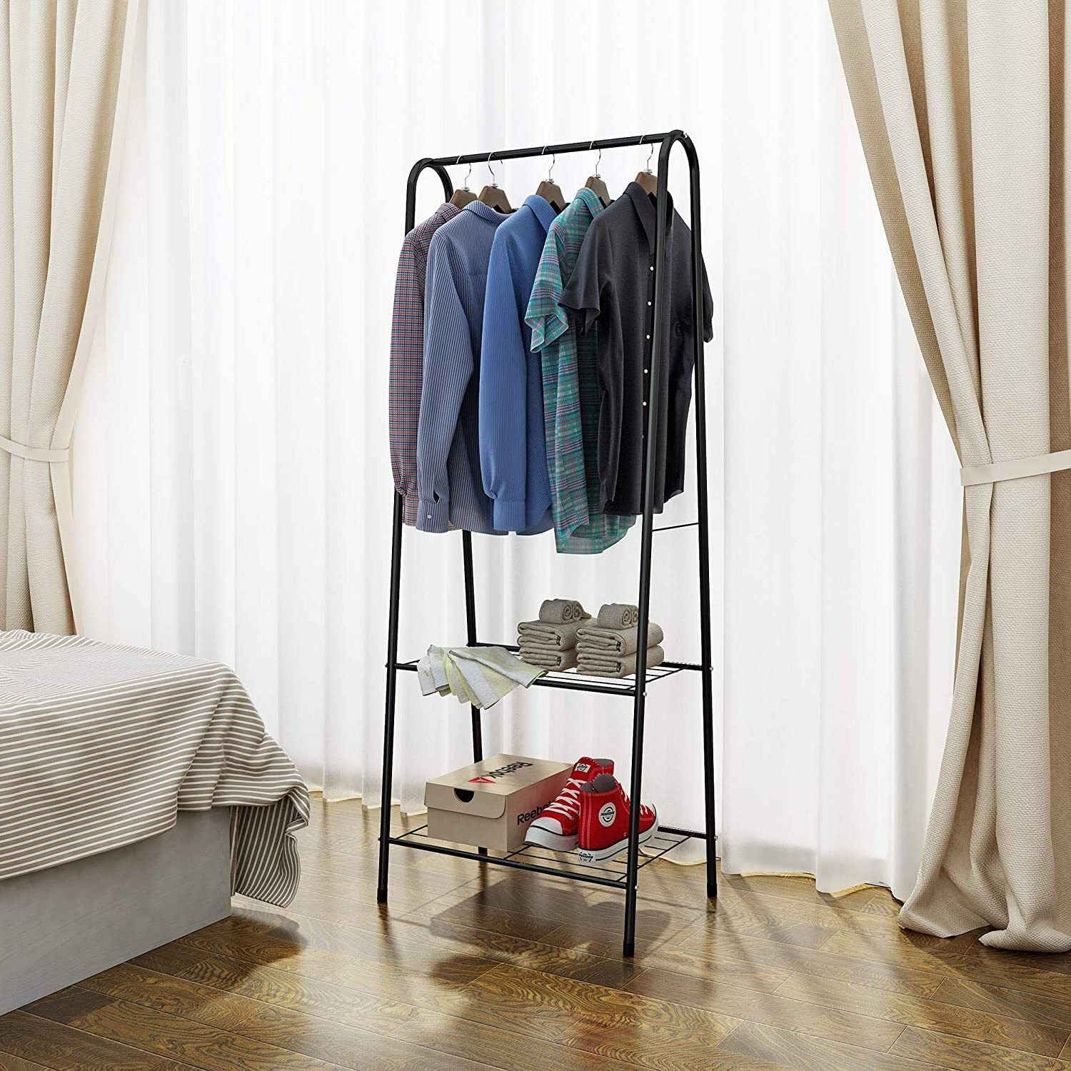 Lukzer Metal Garment Stand Storage Organizer With 2 Bottom Shelves Space Saving Rack For Books, Shoes, Coats, Toys, Multipurpose A Shaped Clothes Hanger (Black/151.5 X 33.5 X 60.2 Cm)