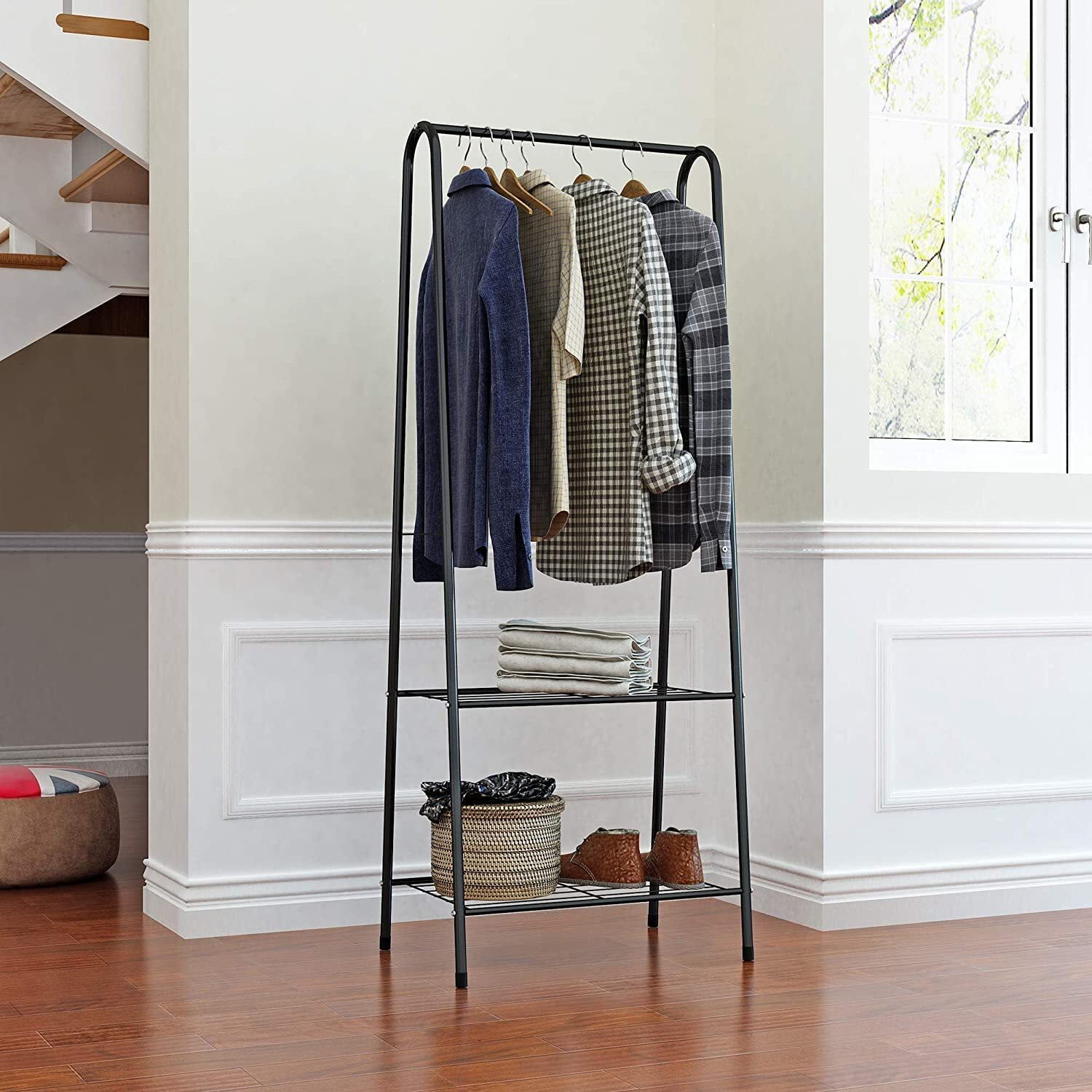 Lukzer Metal Garment Stand Storage Organizer With 2 Bottom Shelves Space Saving Rack For Books, Shoes, Coats, Toys, Multipurpose A Shaped Clothes Hanger (Black/151.5 X 33.5 X 60.2 Cm)