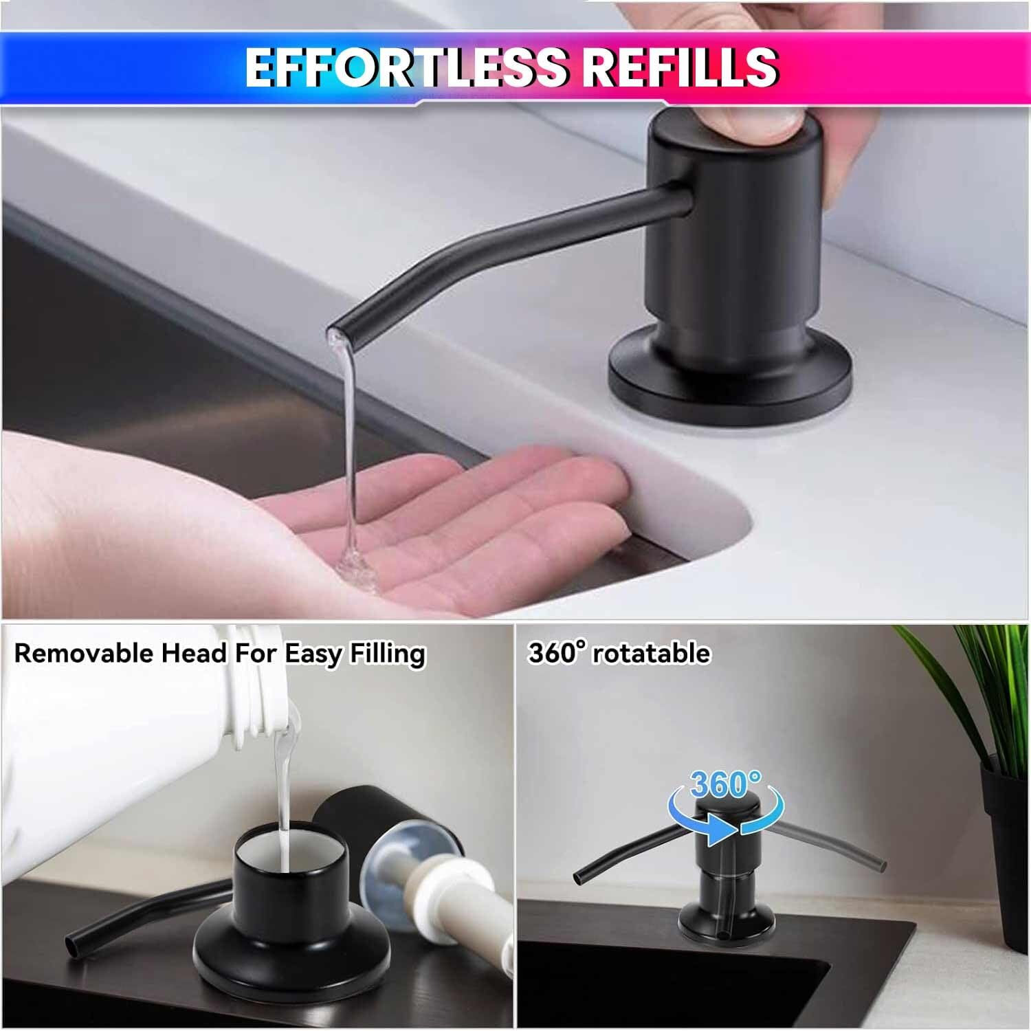 Amicicare Abs Kitchen Sink Soap Dispenser Top Refill Built-In Countertop S.S Steel Dispenser Pump With 360 Degree Rotating Head And 300Ml Soap Bottle (Black Dispenser Pump With Bottle)