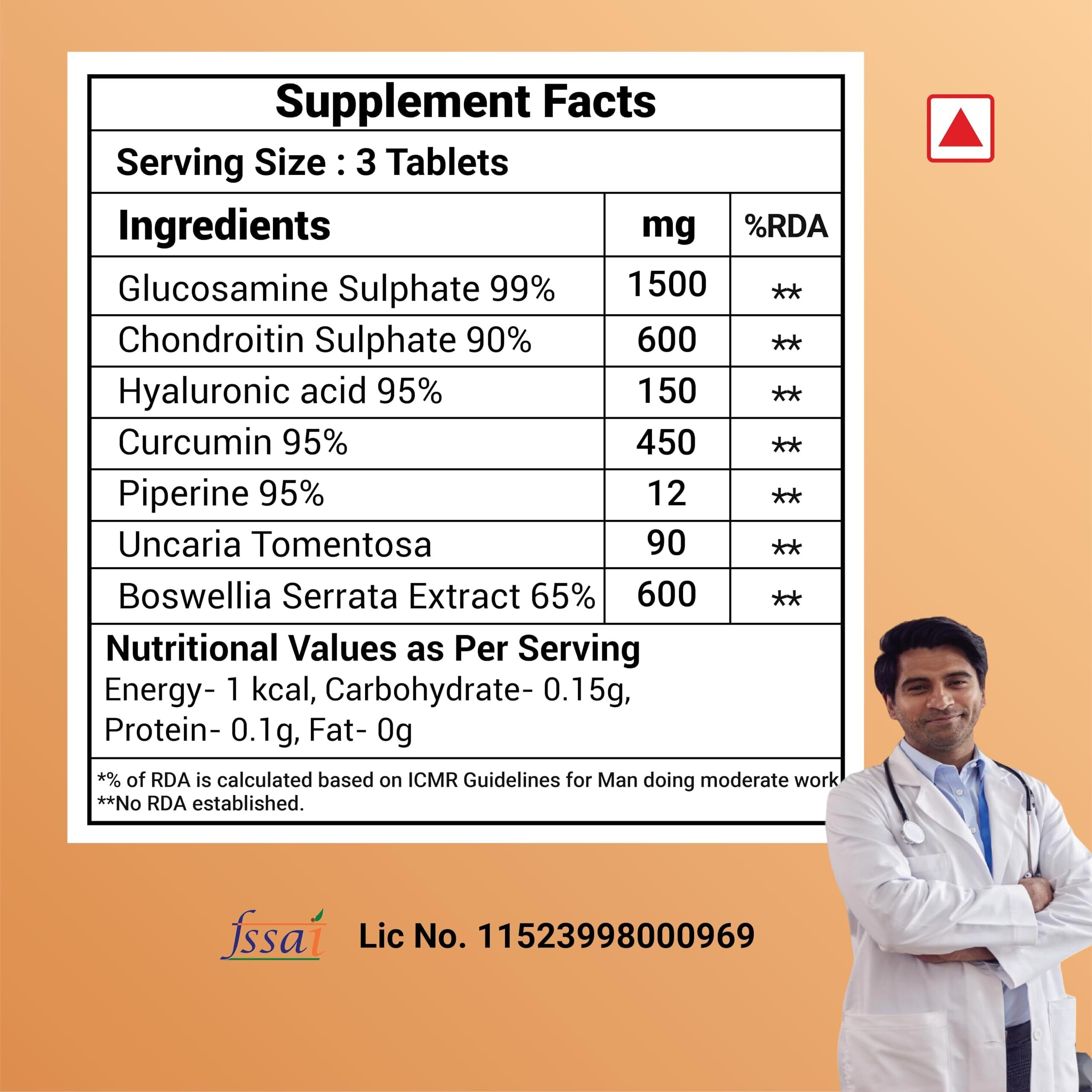 Must Have Joint Support - Glucosamine Chondroitin & Hyaluronic Acid With Boswellia | Curcumin 95%| Piperine| Uncaria Tomentosa| Boswellia|Helps Cartilage,Tendon&Ligaments|60 Tablets