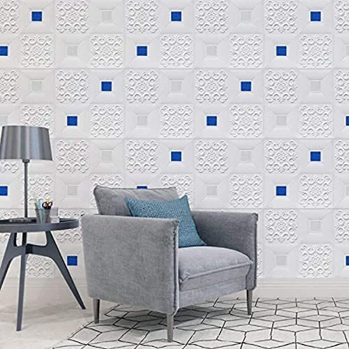 Golden Cart 3D Ceiling Wallpaper (5 Pcs) Foam Wallpaper Sticker Panels I Foam Tiles I Living Room Bedroom Furniture, Door (Square Design, Blue On White, 5 Pieces, 70X70 Cm Each)
