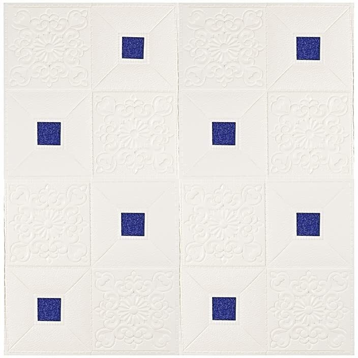 Golden Cart 3D Ceiling Wallpaper (5 Pcs) Foam Wallpaper Sticker Panels I Foam Tiles I Living Room Bedroom Furniture, Door (Square Design, Blue On White, 5 Pieces, 70X70 Cm Each)