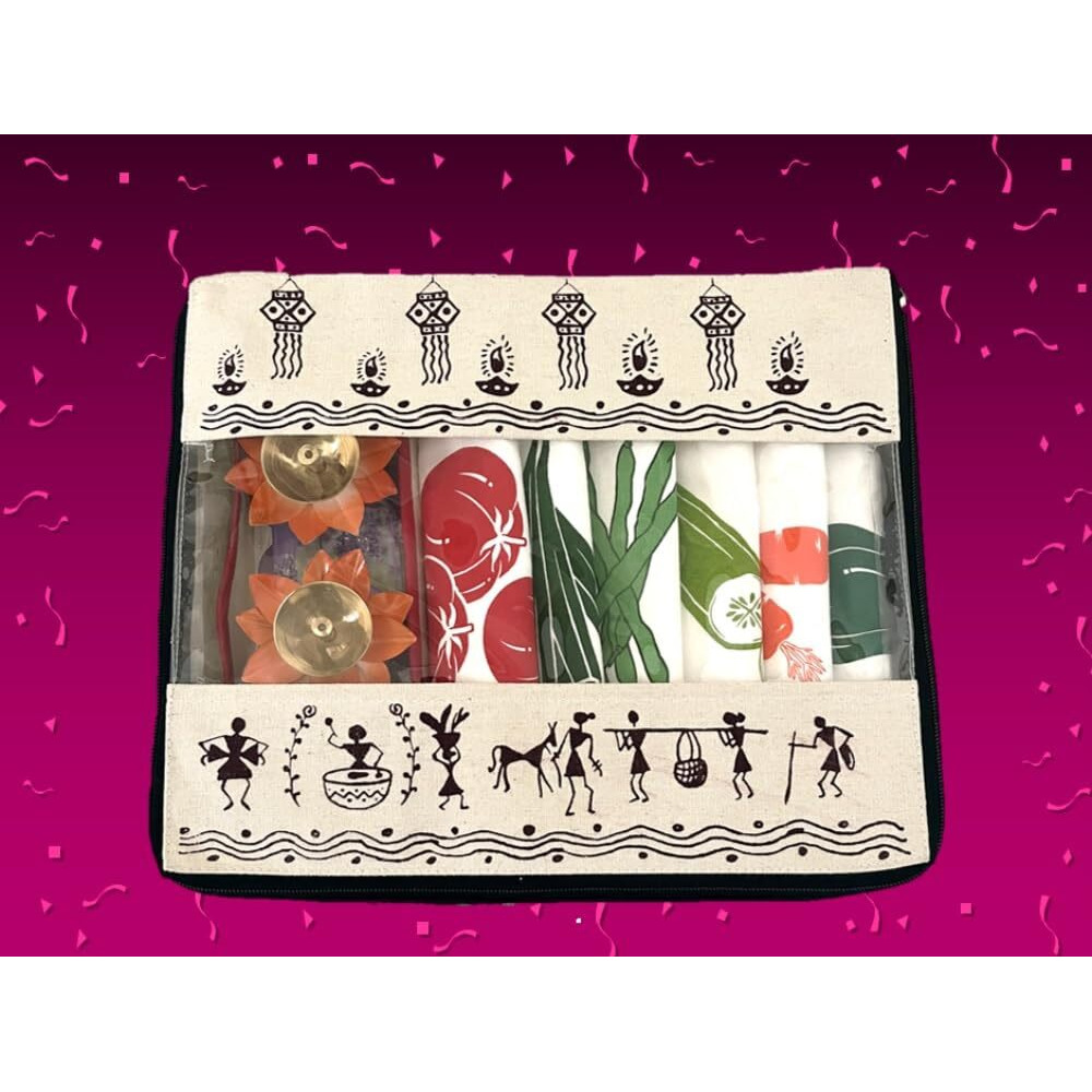 Arka Home Products Festive Gift Hamper Includes Brass Diyas, Vegetable Fridge Bags, Net Bags, Reusable Shopping Bags, Tee-Lights, Shubh-Labh, Multi-Utility Canvas Tray And Canvas Box Bag (Pack Of 15)