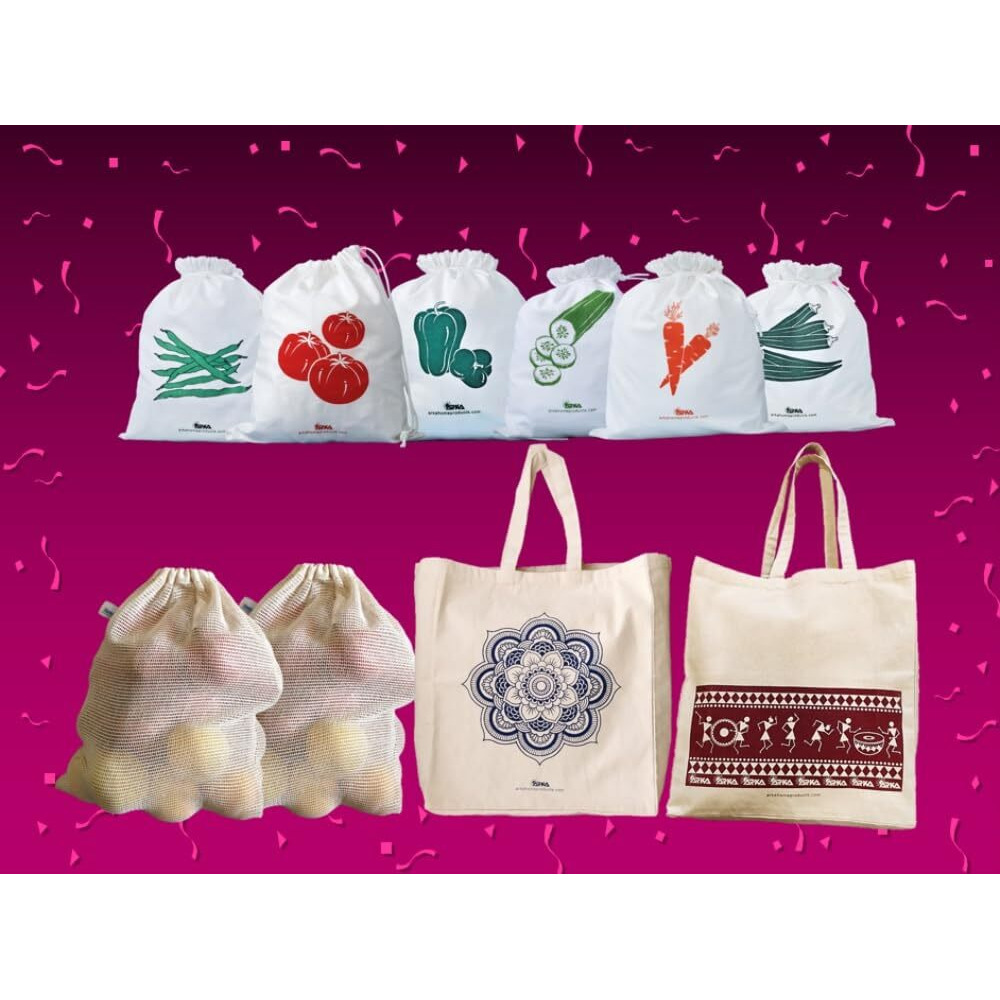 Arka Home Products Festive Gift Hamper Includes Brass Diyas, Vegetable Fridge Bags, Net Bags, Reusable Shopping Bags, Tee-Lights, Shubh-Labh, Multi-Utility Canvas Tray And Canvas Box Bag (Pack Of 15)