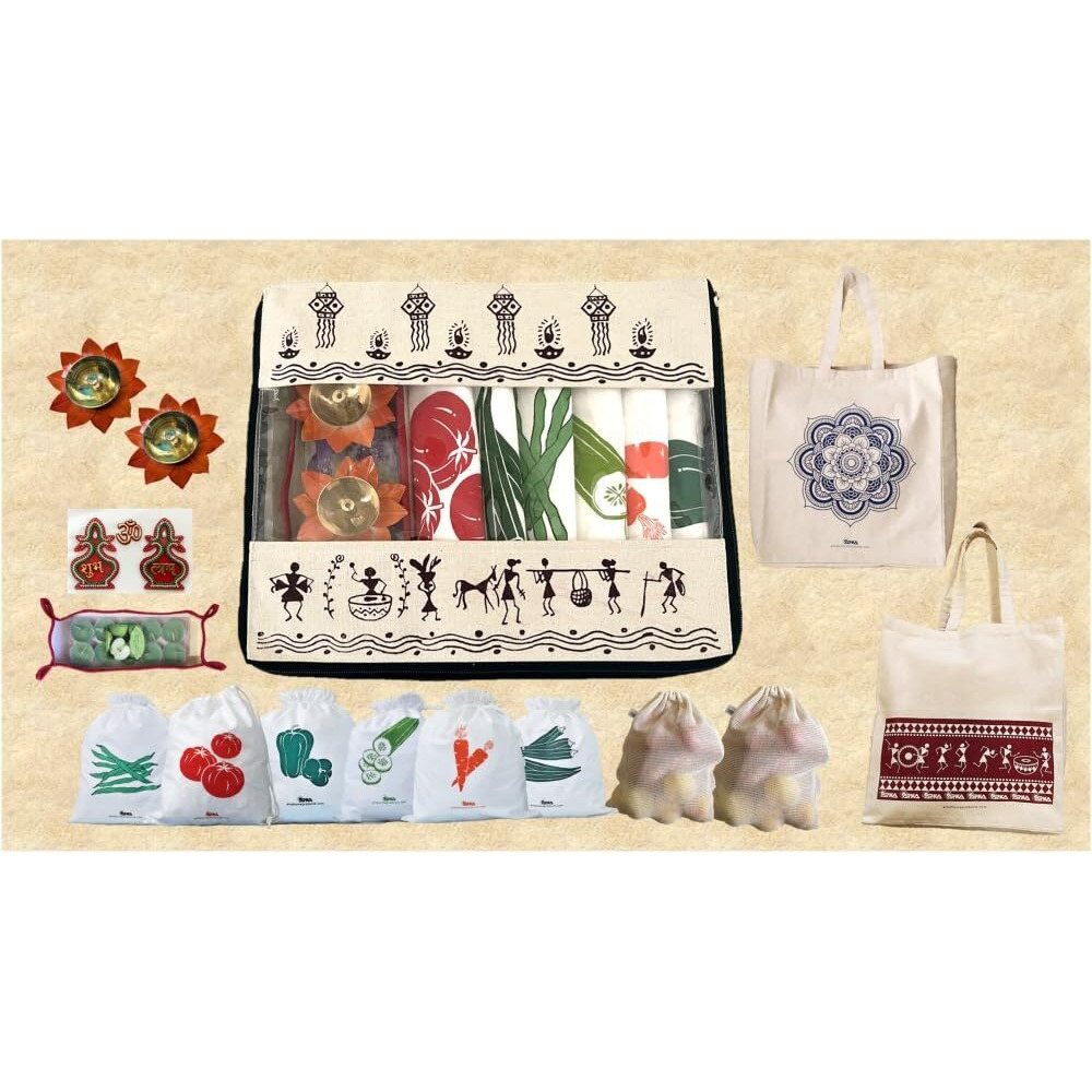 Arka Home Products Festive Gift Hamper Includes Brass Diyas, Vegetable Fridge Bags, Net Bags, Reusable Shopping Bags, Tee-Lights, Shubh-Labh, Multi-Utility Canvas Tray And Canvas Box Bag (Pack Of 15)