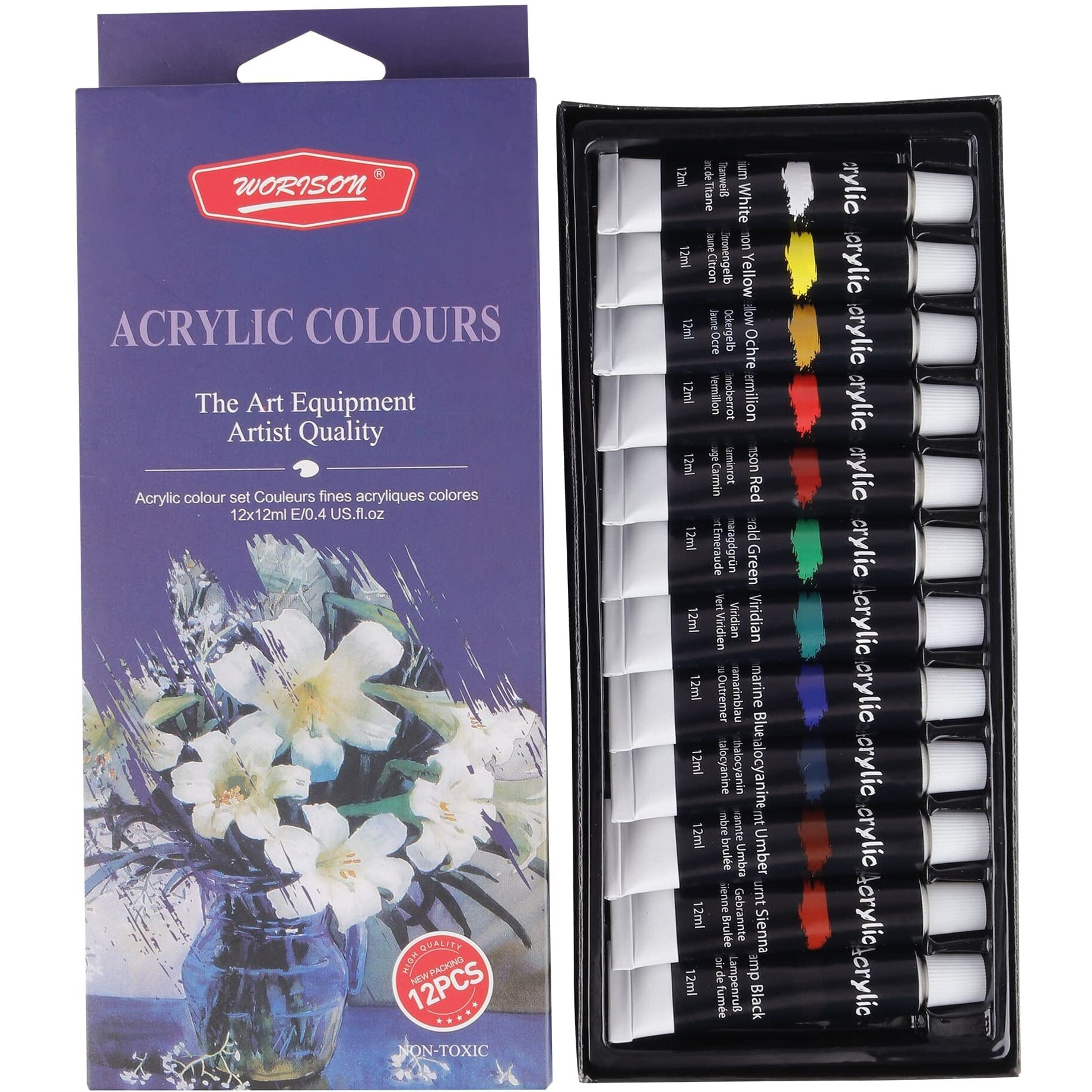 Worison Acrylic Color Set Of 12 Colors X 12Ml Tubes, Multicolour