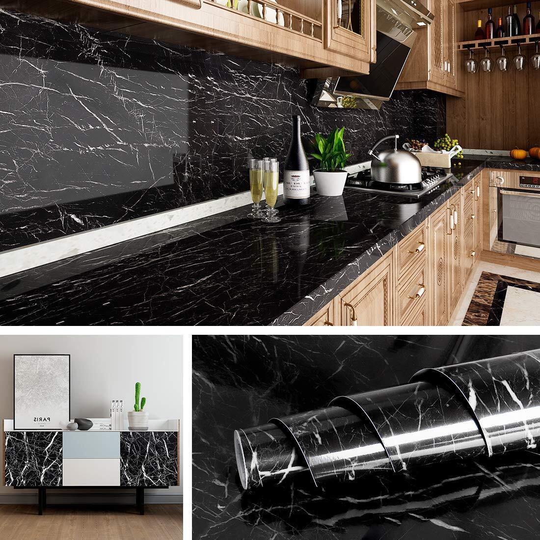 Veduaaru Innovation Black Marble Foil Kitchen Stickers Oil-Proof Waterproof Self Adhesive Wallpaper Pvc Bathroom Wall Stickers Contact Paper (Black 60X300)