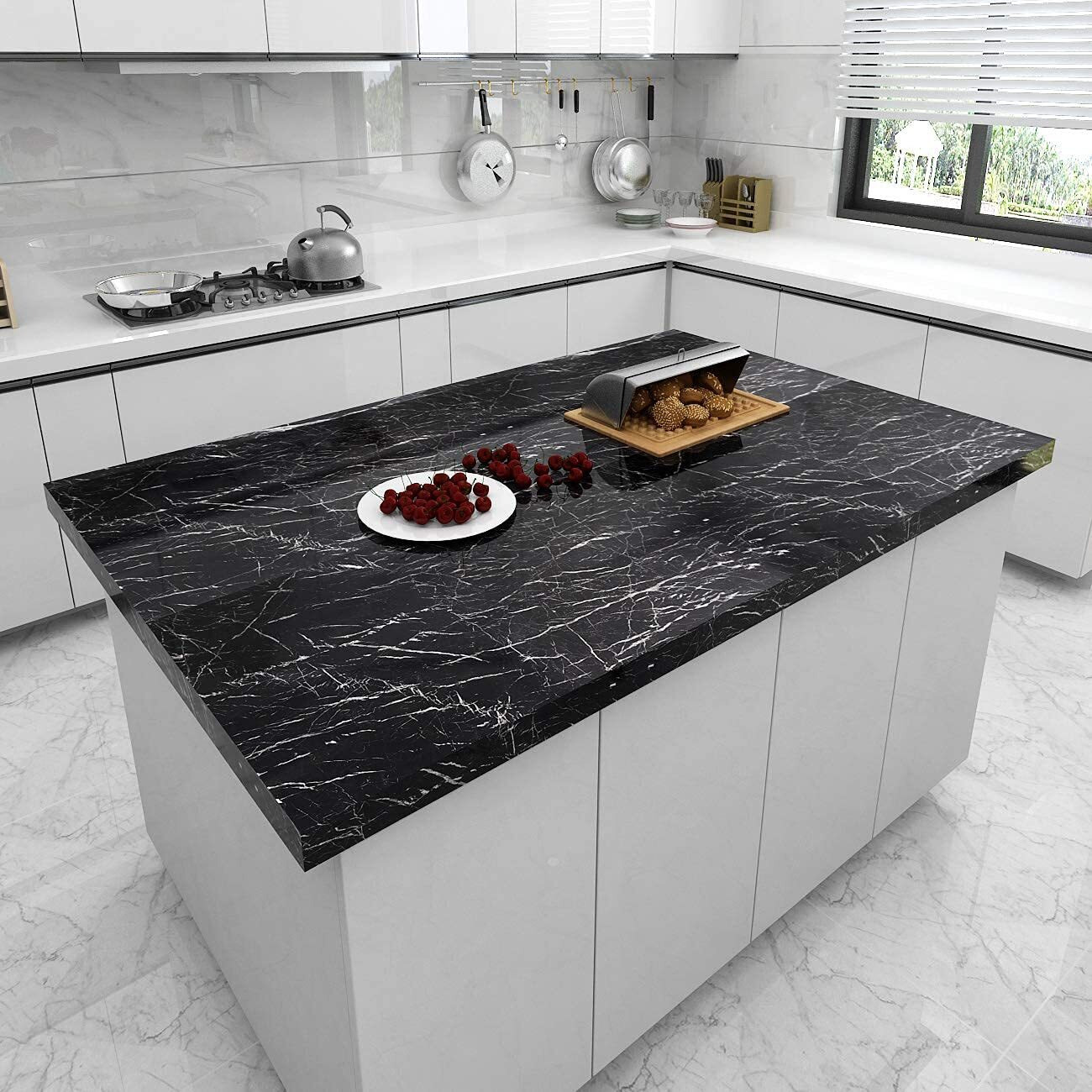 Veduaaru Innovation Black Marble Foil Kitchen Stickers Oil-Proof Waterproof Self Adhesive Wallpaper Pvc Bathroom Wall Stickers Contact Paper (Black 60X300)