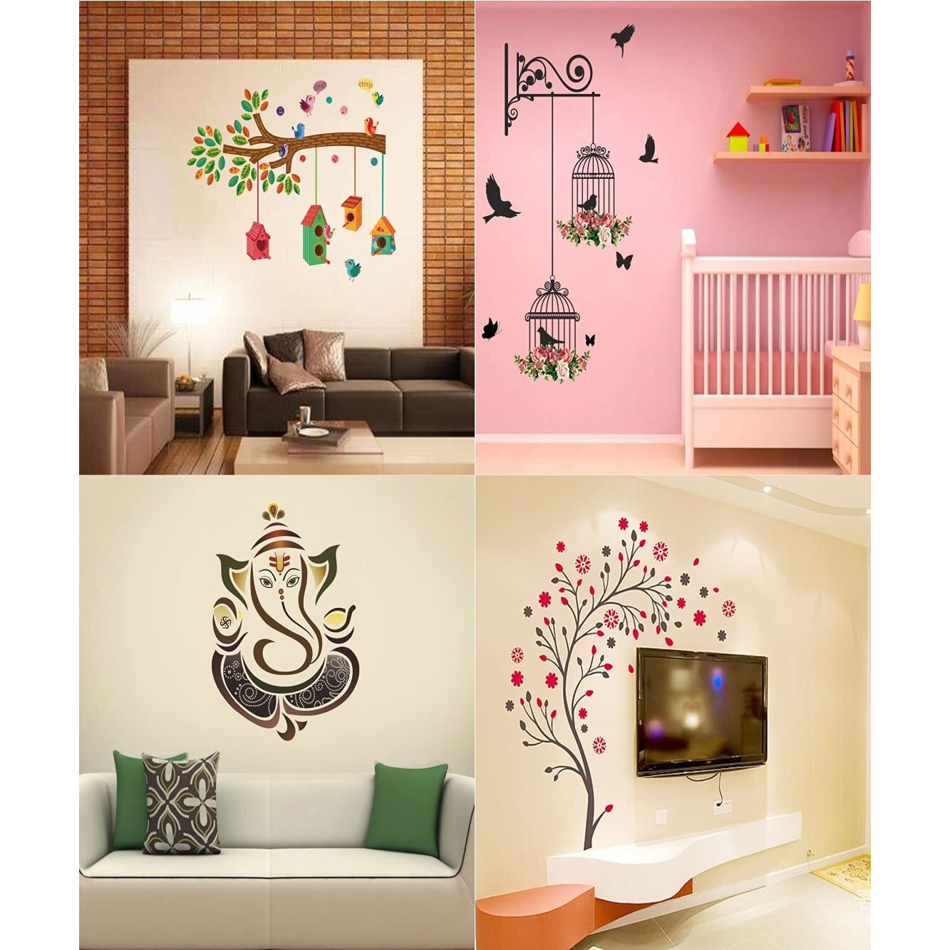 Ghar Kraft Set Of 4 Wall Sticker Royal Ganesh | Bird House On A Branch | Branches And Cages | Branches And Cages | Branches And Cages | Magical Tree