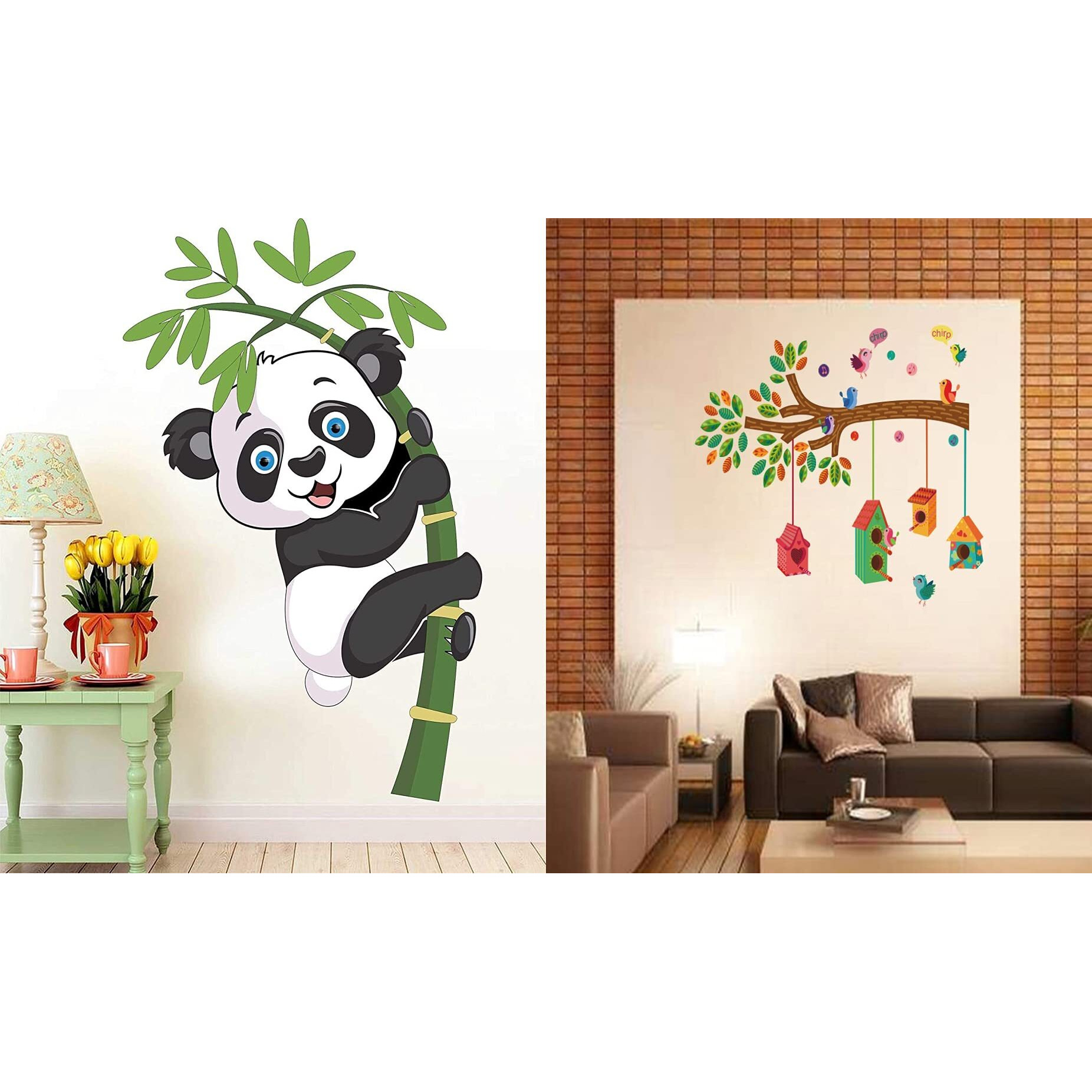 Ghar Kraft Set Of 2 Wall Sticker Baby Panda And Bird House On A Branch Wall Sticker