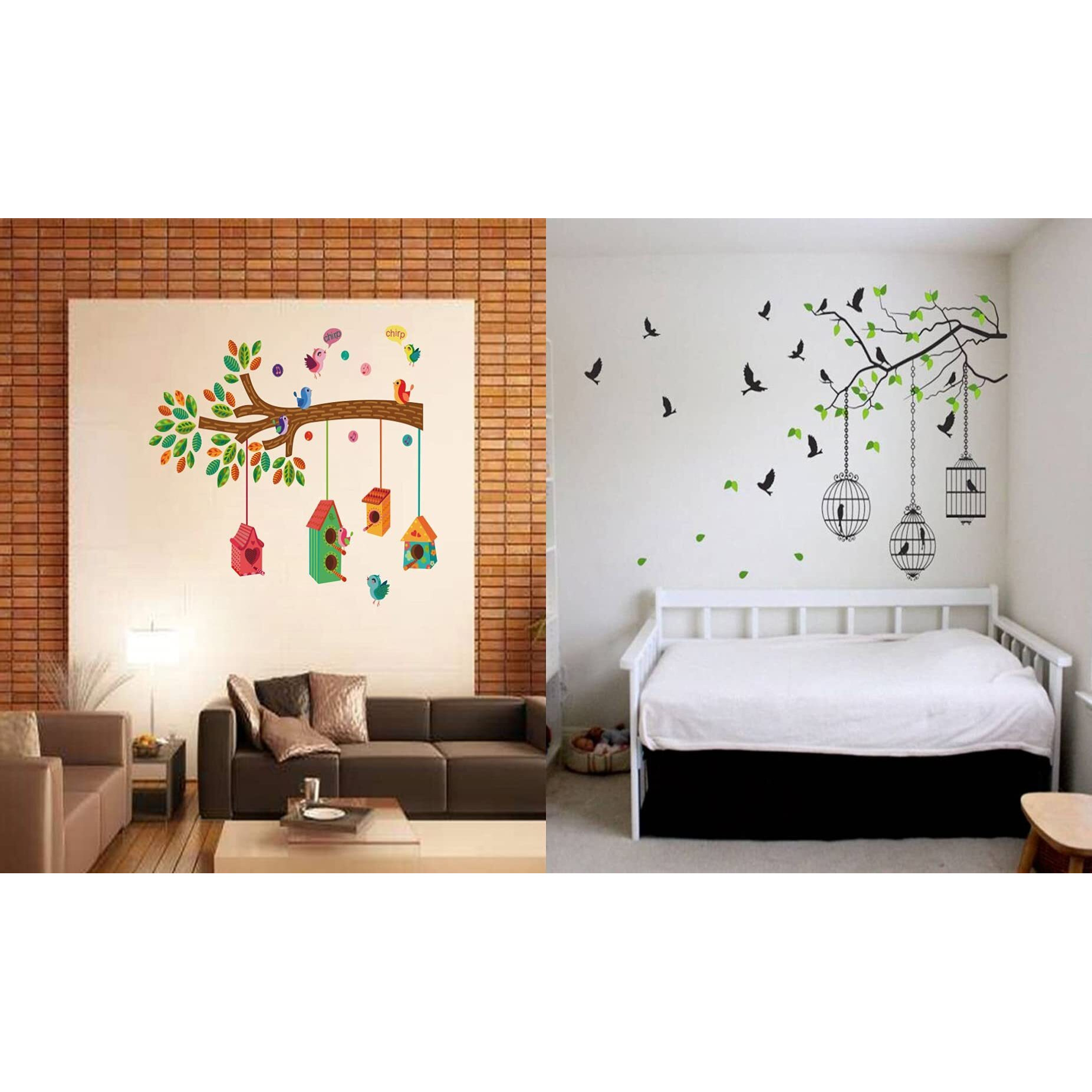 Ghar Kraft Set Of 2 Wall Sticker Bird House On A Branch And Flying Bird With Cage Wall Sticker