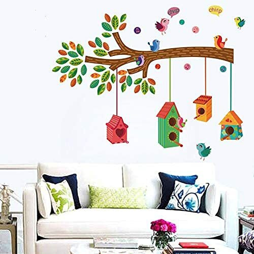 Ghar Kraft Set Of 2 Wall Sticker Bird House On A Branch And Flying Bird With Cage Wall Sticker