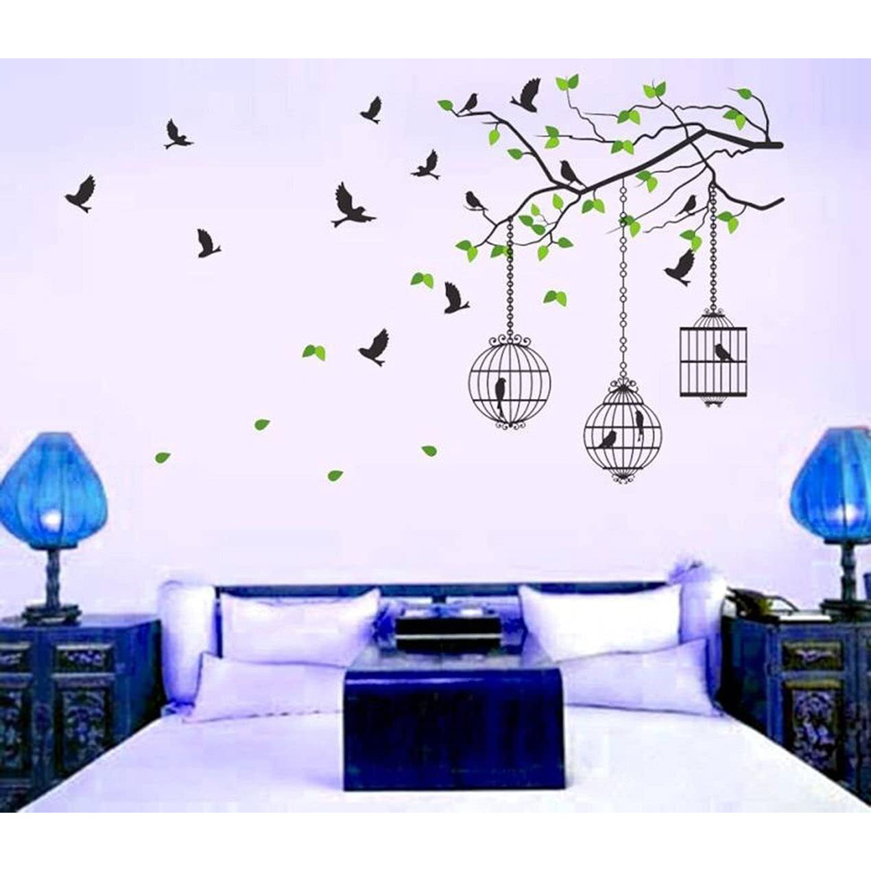 Ghar Kraft Set Of 2 Wall Sticker Bird House On A Branch And Flying Bird With Cage Wall Sticker