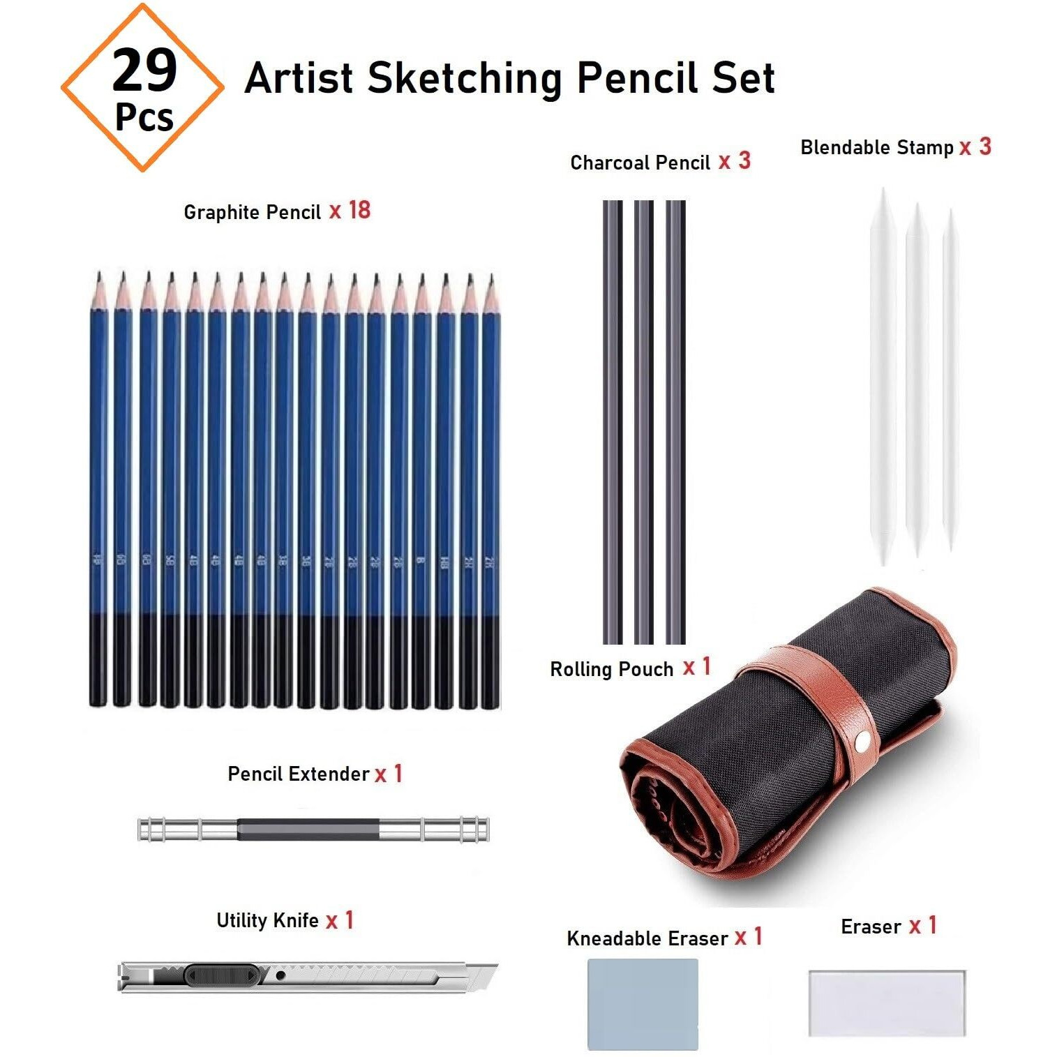 Naitik Creation 29 Pieces Professional Sketching Drawing Black Pencil Set Sketch Kit For Artist With Canvas Rolling Tool Pouch