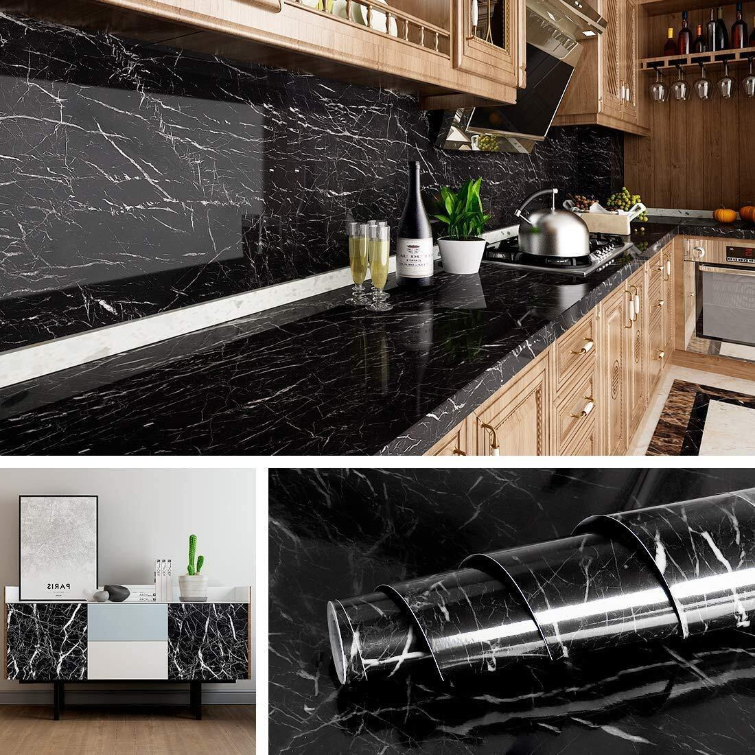 Fokrim Black Vinyl Marble Aluminum Foil Kitchen Stickers Oil-Proof Waterproof Self Adhesive Wallpaper Pvc Bathroom Wall Stickers Peel & Stick Contact Paper For Kitchen Fridge Table Furniture -2 M