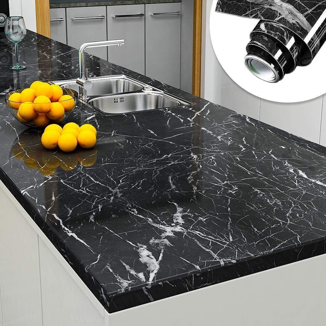 Fokrim Black Vinyl Marble Aluminum Foil Kitchen Stickers Oil-Proof Waterproof Self Adhesive Wallpaper Pvc Bathroom Wall Stickers Peel & Stick Contact Paper For Kitchen Fridge Table Furniture -2 M