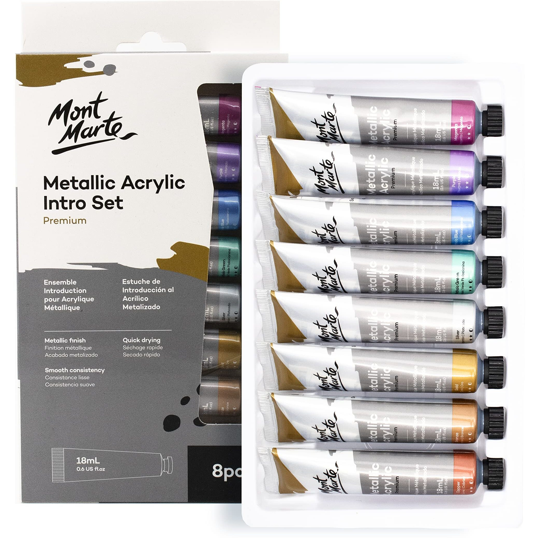 Mont Marte Acrylic Paint Set - Metallic - 8 Pieces, 18 Ml Tubes - Ideal For Acrylic Painting - Brilliant Lightfast Colors With High Opacity - Perfect For Beginners, Professionals And Artists