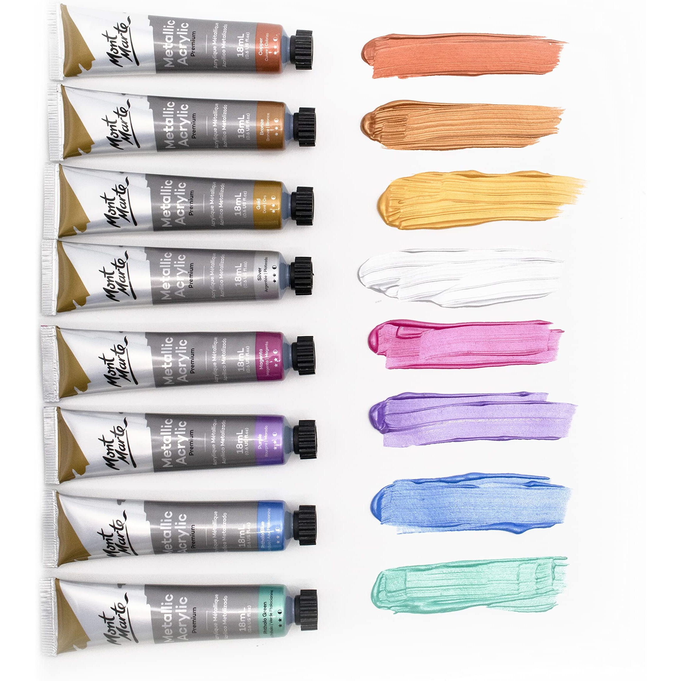 Mont Marte Acrylic Paint Set - Metallic - 8 Pieces, 18 Ml Tubes - Ideal For Acrylic Painting - Brilliant Lightfast Colors With High Opacity - Perfect For Beginners, Professionals And Artists