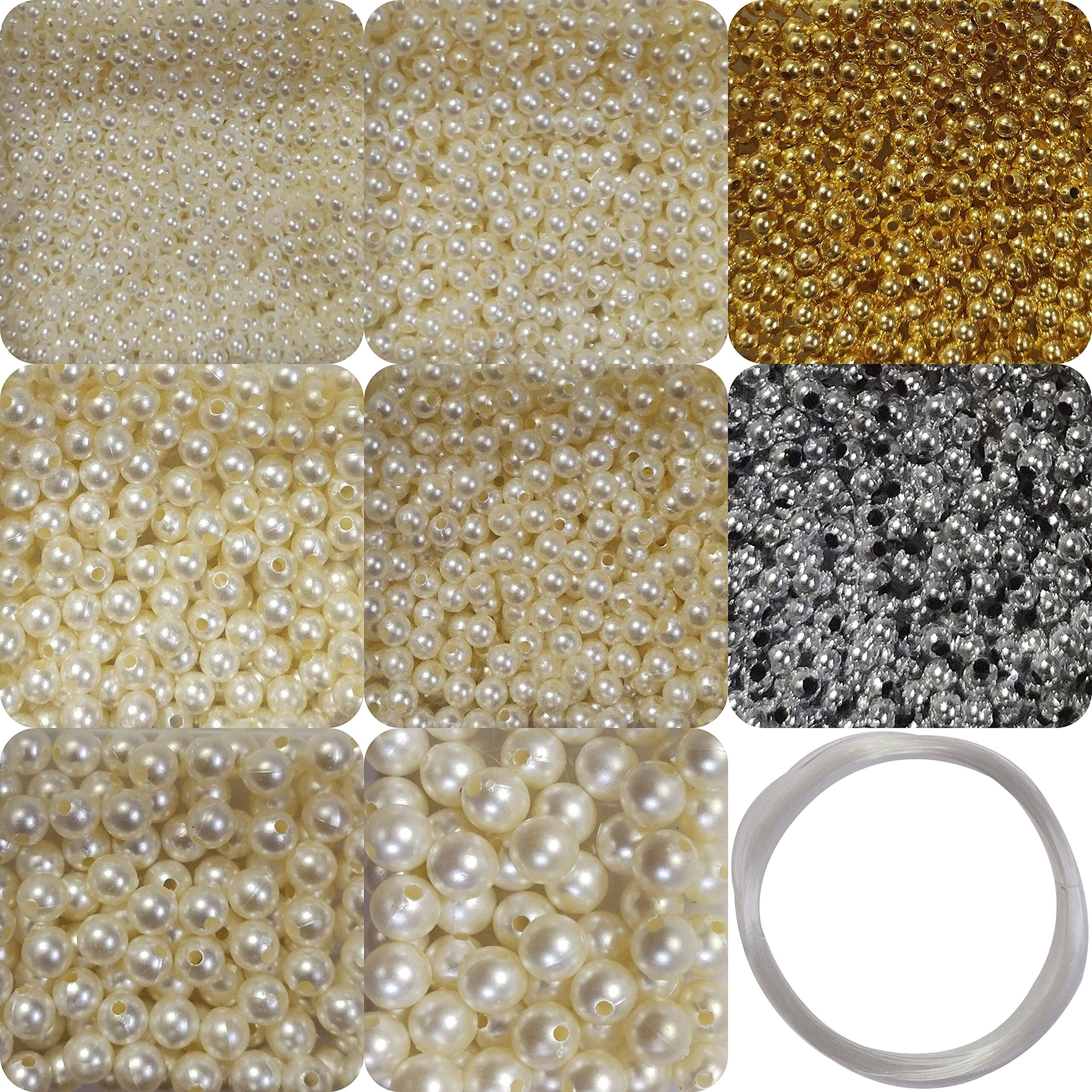 Indikonb 3100 Pcs Beads 9 In 1 Moti For Jewelry Making (Includes Pearl Motis Of Size 3, 4, 5, 6, 8, 10 Mm + Silver And Gold Bead) | Pearl Beads For Jewellery, Embroidery Work, And Craft |M6 - Cream|
