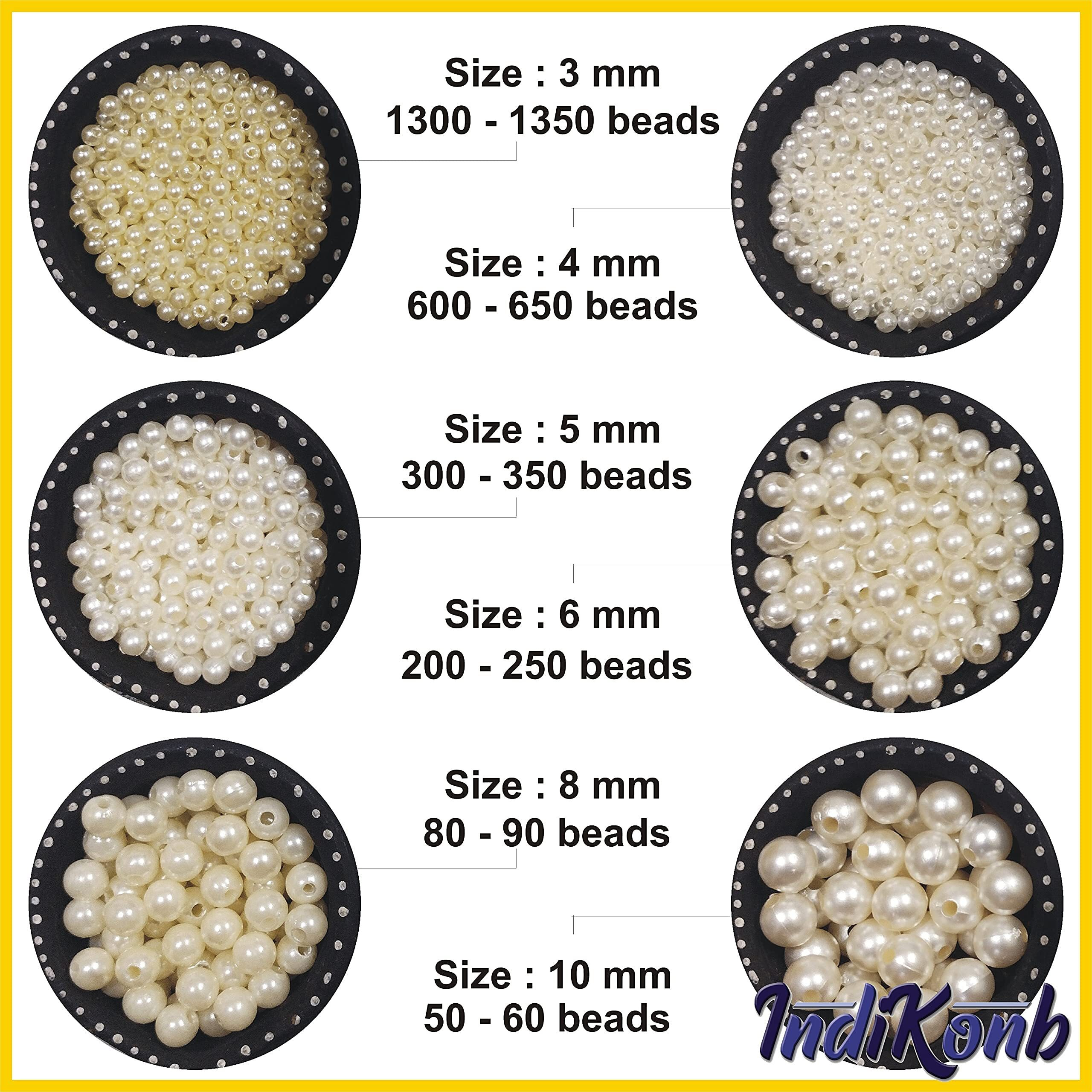 Indikonb 3100 Pcs Beads 9 In 1 Moti For Jewelry Making (Includes Pearl Motis Of Size 3, 4, 5, 6, 8, 10 Mm + Silver And Gold Bead) | Pearl Beads For Jewellery, Embroidery Work, And Craft |M6 - Cream|