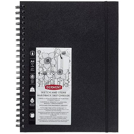 Derwent Sketch And Store Hard Back Sketch Book With Storage Pocket, Elasticated Strap And Wirebound Spine (A4 Portrait)