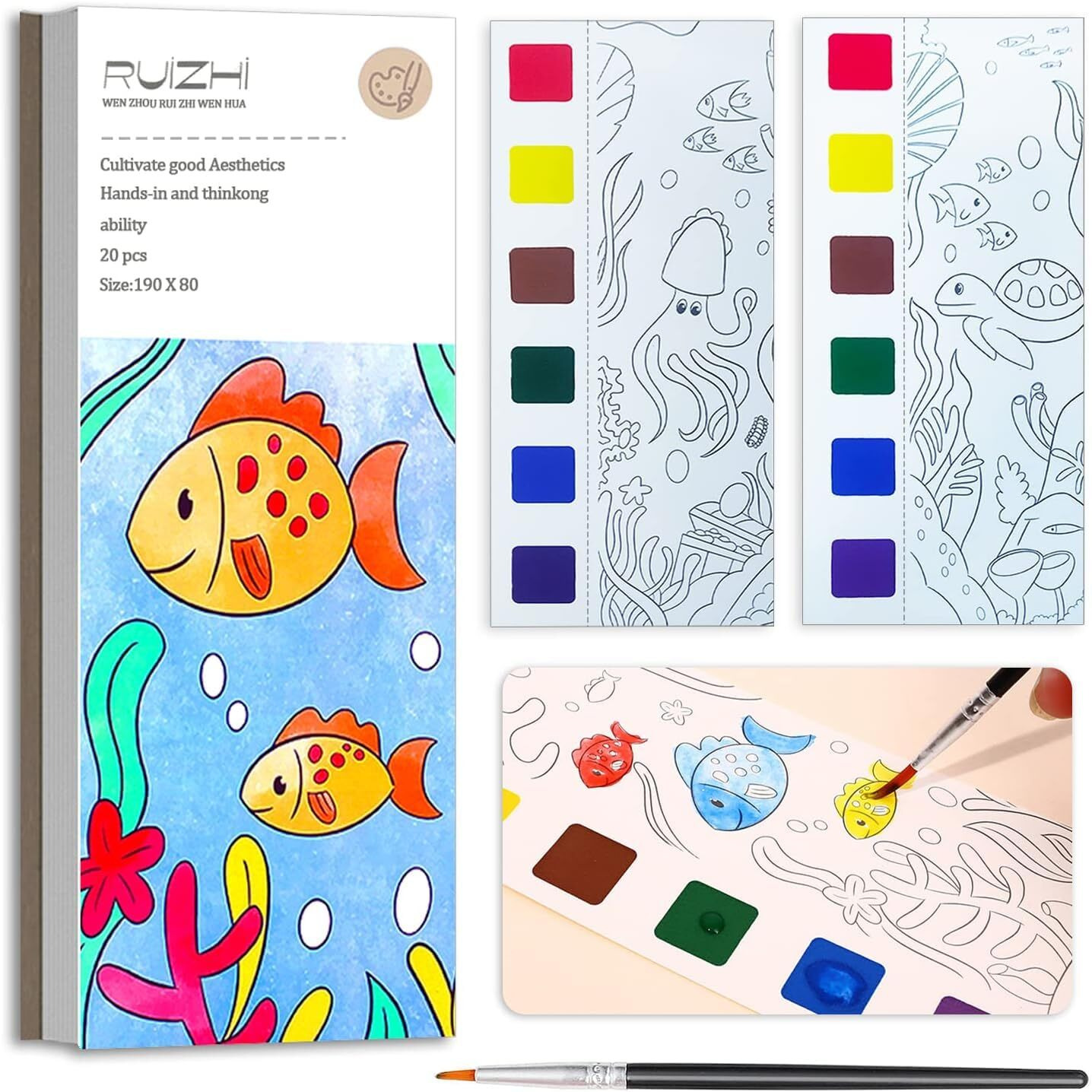 Shiksha Enterprise Color Magic Book For Kids Activity Books For Children Coloring Books For Kids Ages 4-8 Years 20 Sheet Cartoon Painting Kit With Brush (Fish Design), Multicolor