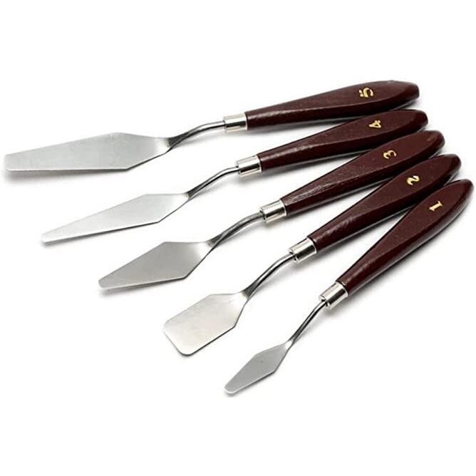 Jeyang Set Of 5 Palette Painting Knives Of Various Sizes & Shapes, Stainless Steel Scraper Spatula Polished Brown Handle For Artist Canvas Oil Paint Color Mixing