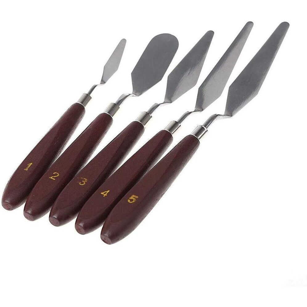 Jeyang Set Of 5 Palette Painting Knives Of Various Sizes & Shapes, Stainless Steel Scraper Spatula Polished Brown Handle For Artist Canvas Oil Paint Color Mixing