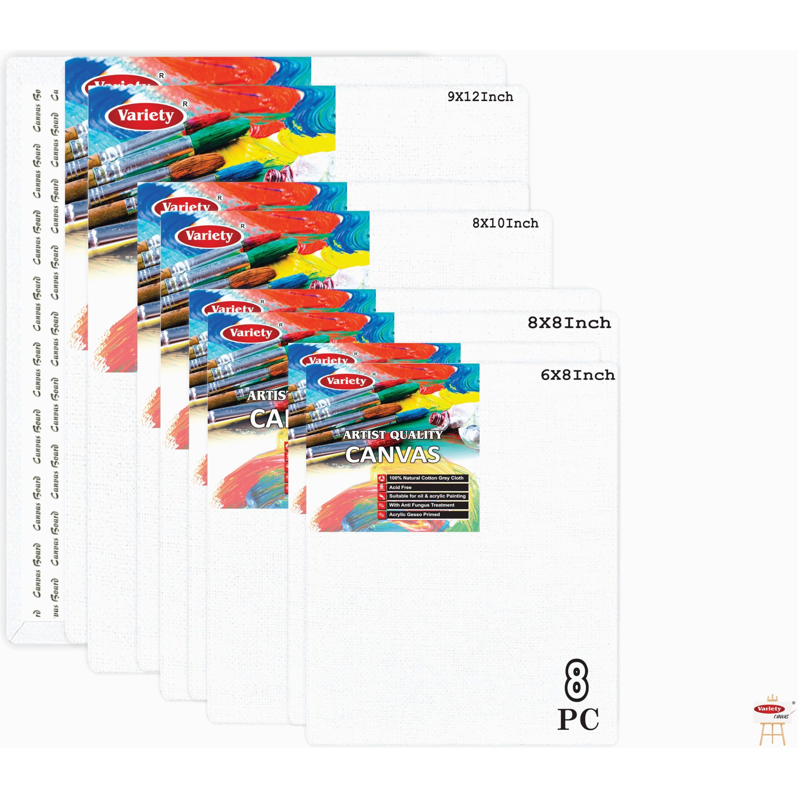 Variety Canvas Board 9X12, 8X10, 8X8, 6X8 Inch Pack Of 8 Artist Grade Premium Board