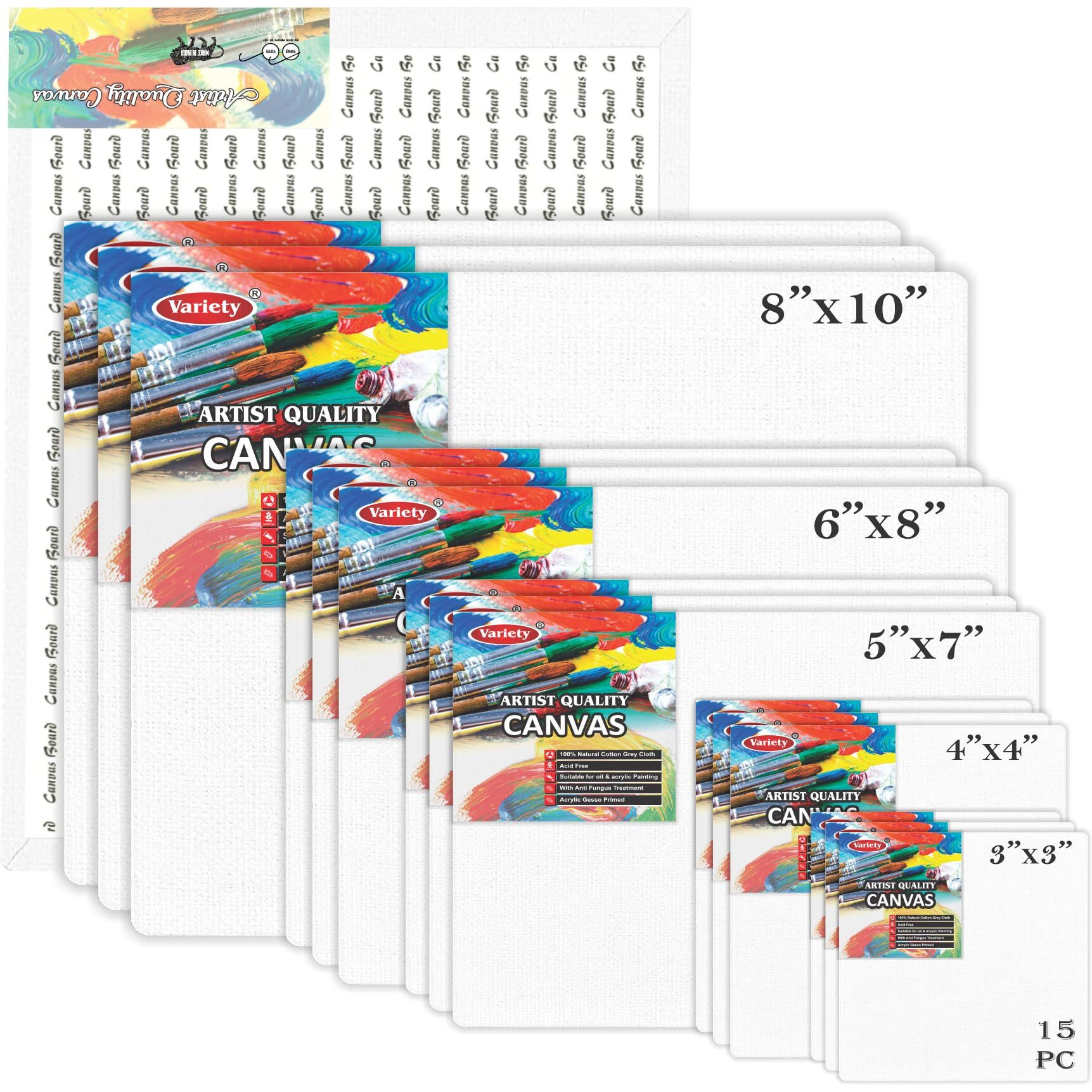 Variety Canvas Board 8X10[3] 6X8 [3] 5X7[3] 4X4[3] 3X3[3] Pack Of 15