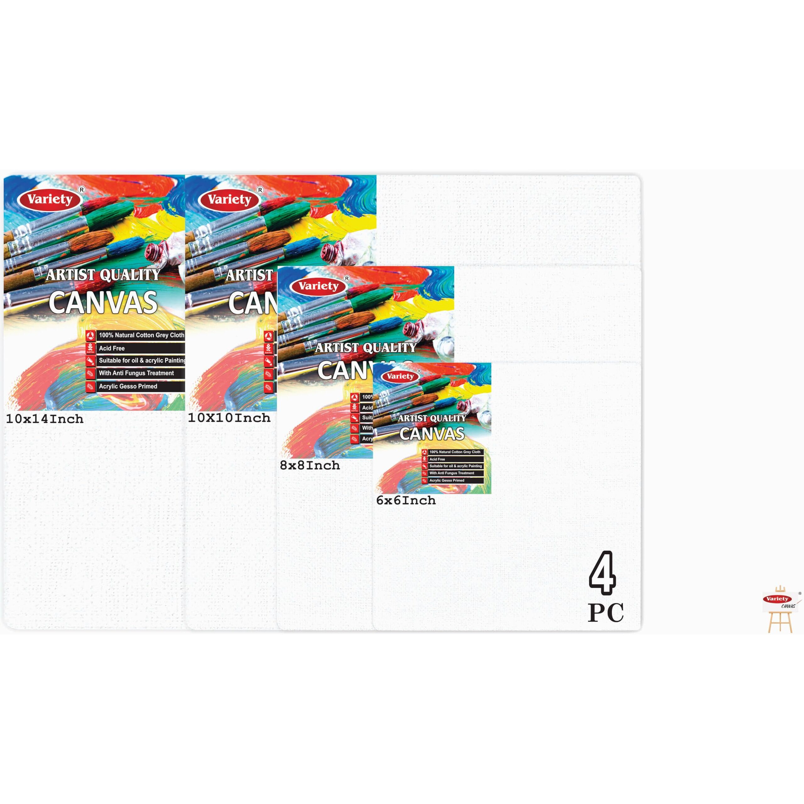 Variety Canvas Board 10X14, 10X10, 8X8, 6X6 Inch Pack Of 4