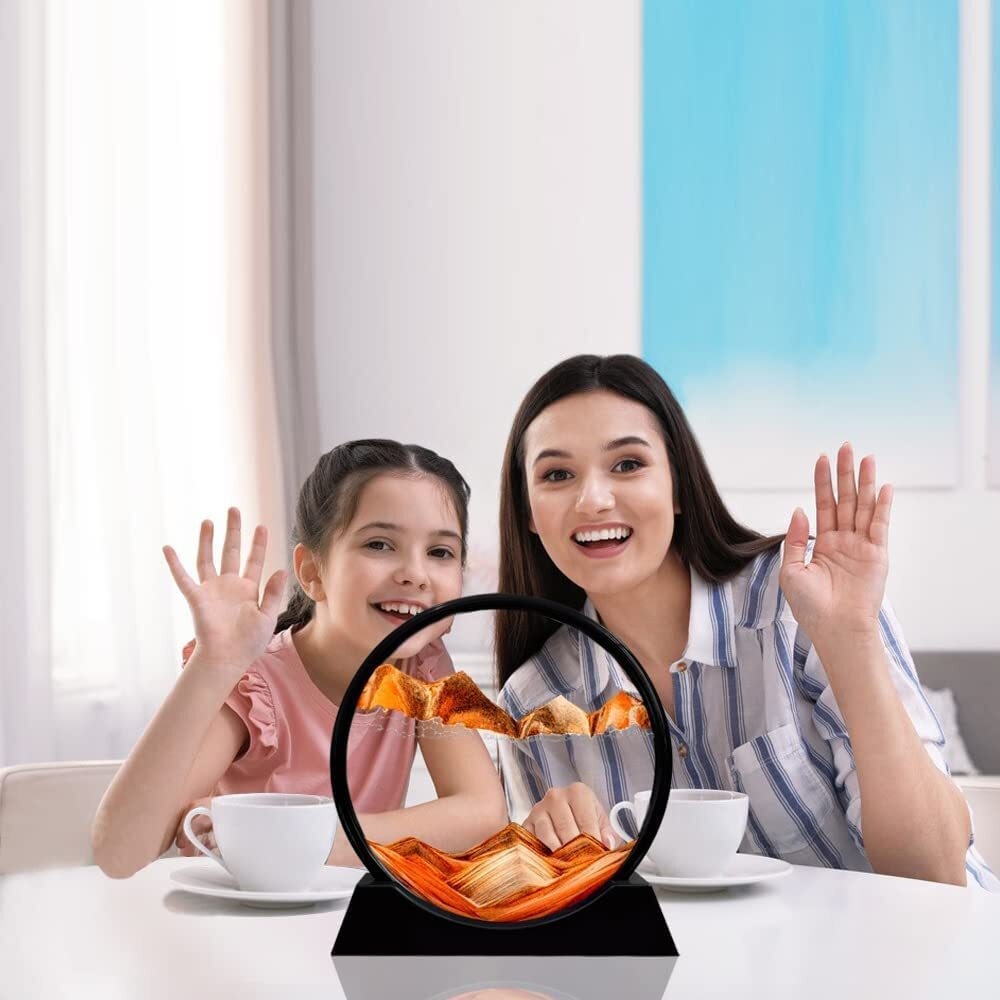 Bletilla 3D Dynamic Sand Art Liquid Motion, Moving Sand Art Picture Round Glass, 3D Deep Sea Sandscape In Motion Display Flowing Sand Frame, Relaxing Desktop, Home, Office Work Dcor (Orange)