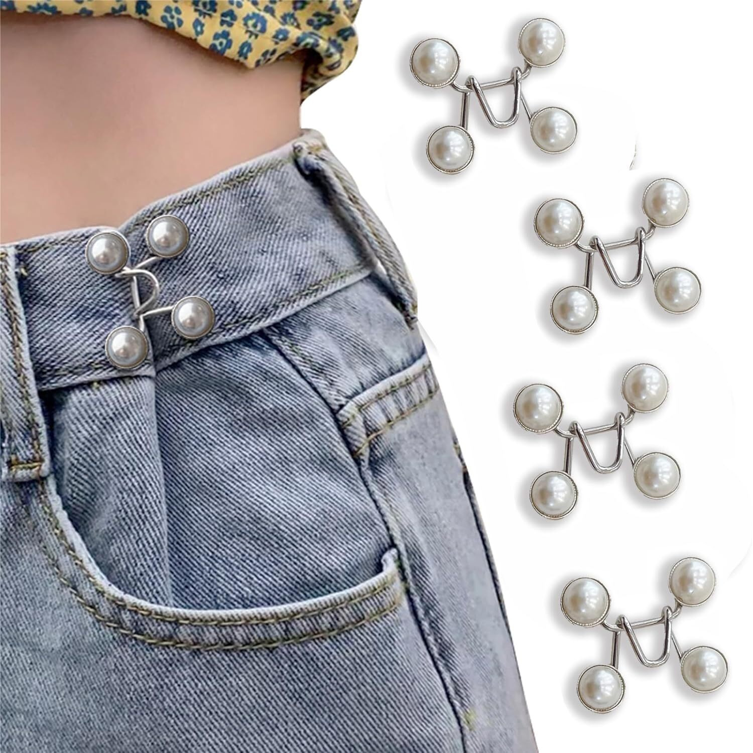 Dazzliq 4 Sets Jeans Button Pant Waist Tightener, Instant Pins For Loose Pants, Skirts, Sleeves - No Sewing Required (White Pearl)