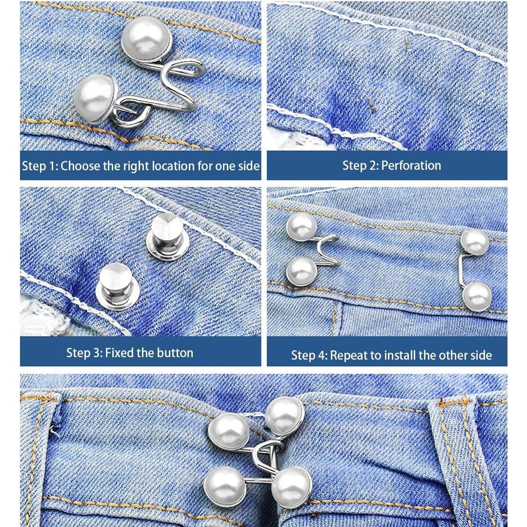 Dazzliq 4 Sets Jeans Button Pant Waist Tightener, Instant Pins For Loose Pants, Skirts, Sleeves - No Sewing Required (White Pearl)