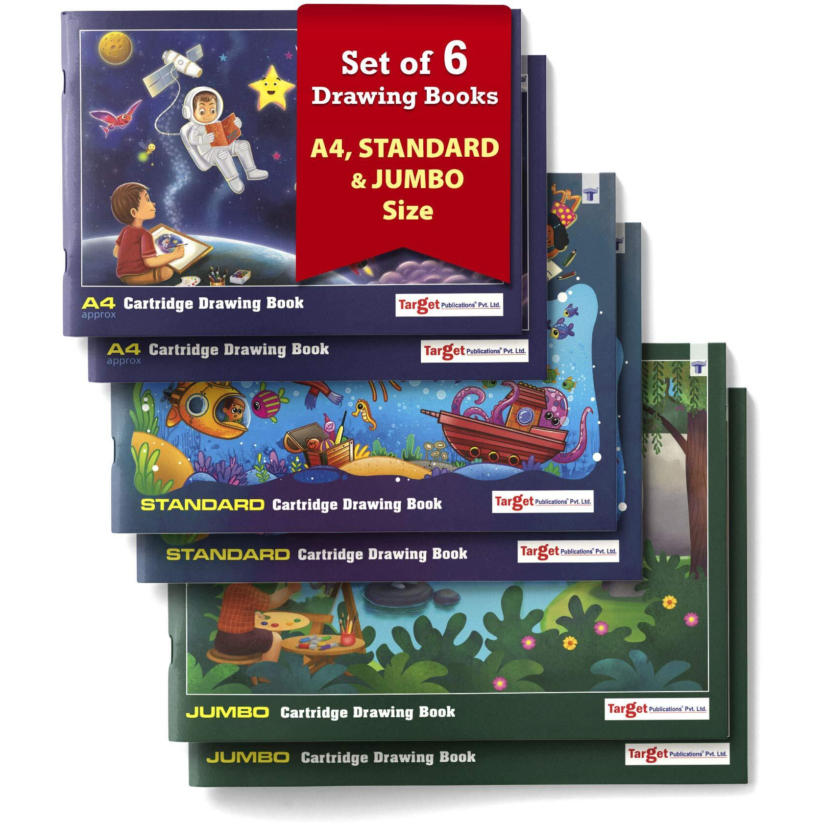 Target Publications Drawing Books | Jumbo, Standard And A4 Size | 34 Pages In Each Book, White Plain Cartridge Papers | Soft Cover| Pack Of 6, Mix (A4Stanjumbo_Draw_6)
