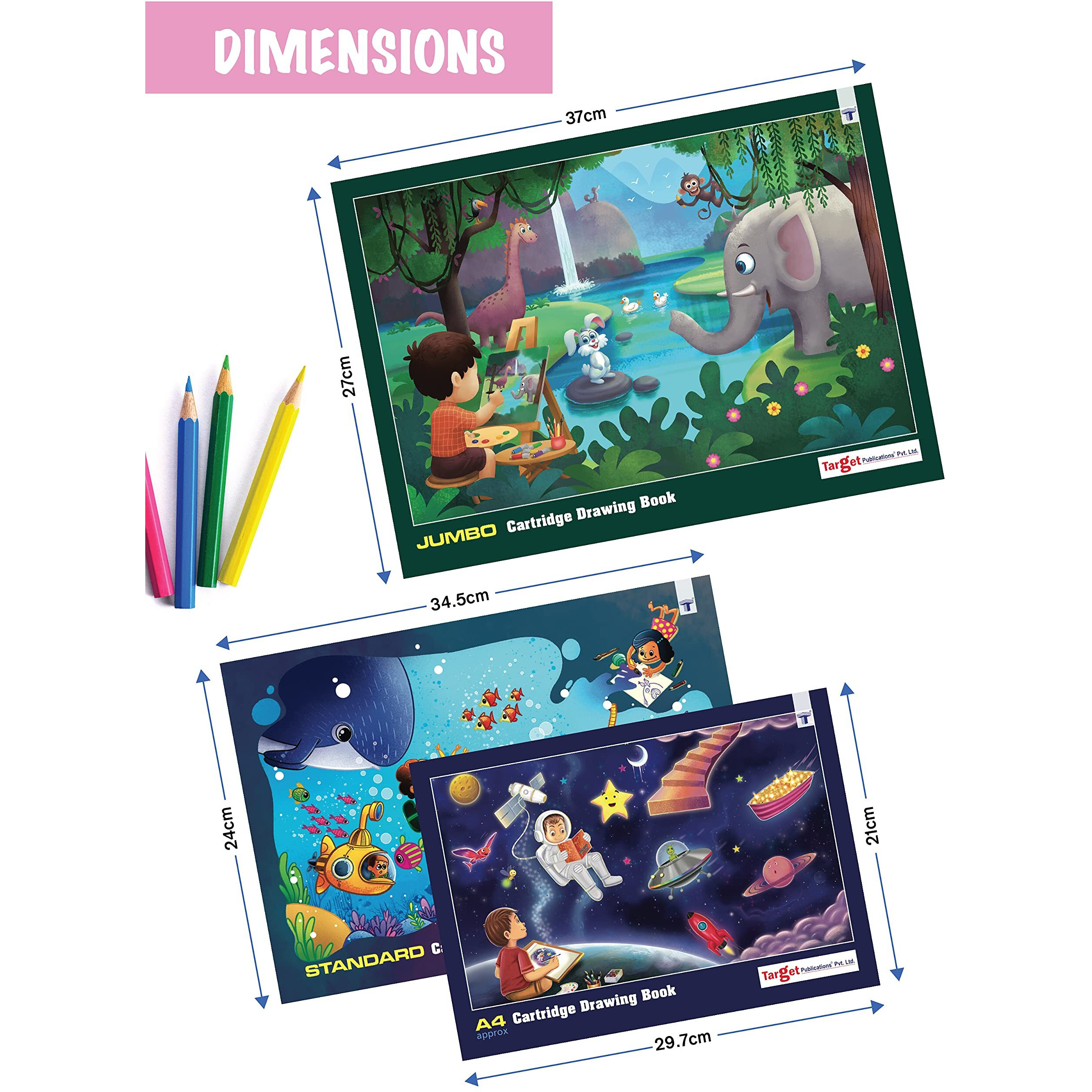 Target Publications Drawing Books | Jumbo, Standard And A4 Size | 34 Pages In Each Book, White Plain Cartridge Papers | Soft Cover| Pack Of 6, Mix (A4Stanjumbo_Draw_6)