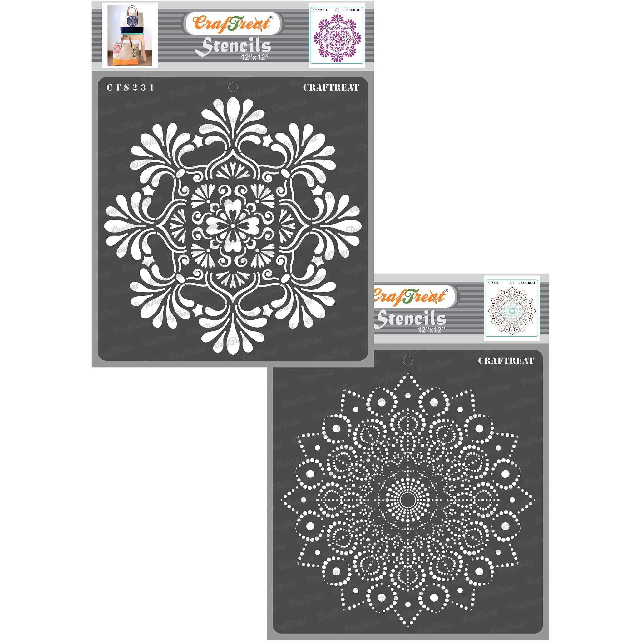 Craftreat Mandala Stencils For Canvas Painting - Mandala Ii And Peacock Dot Mandala (2Pcs) - Size 12X12 Inches - Mandala Art Stencils For Wall Painting - Diy Craft Mandala Stencils