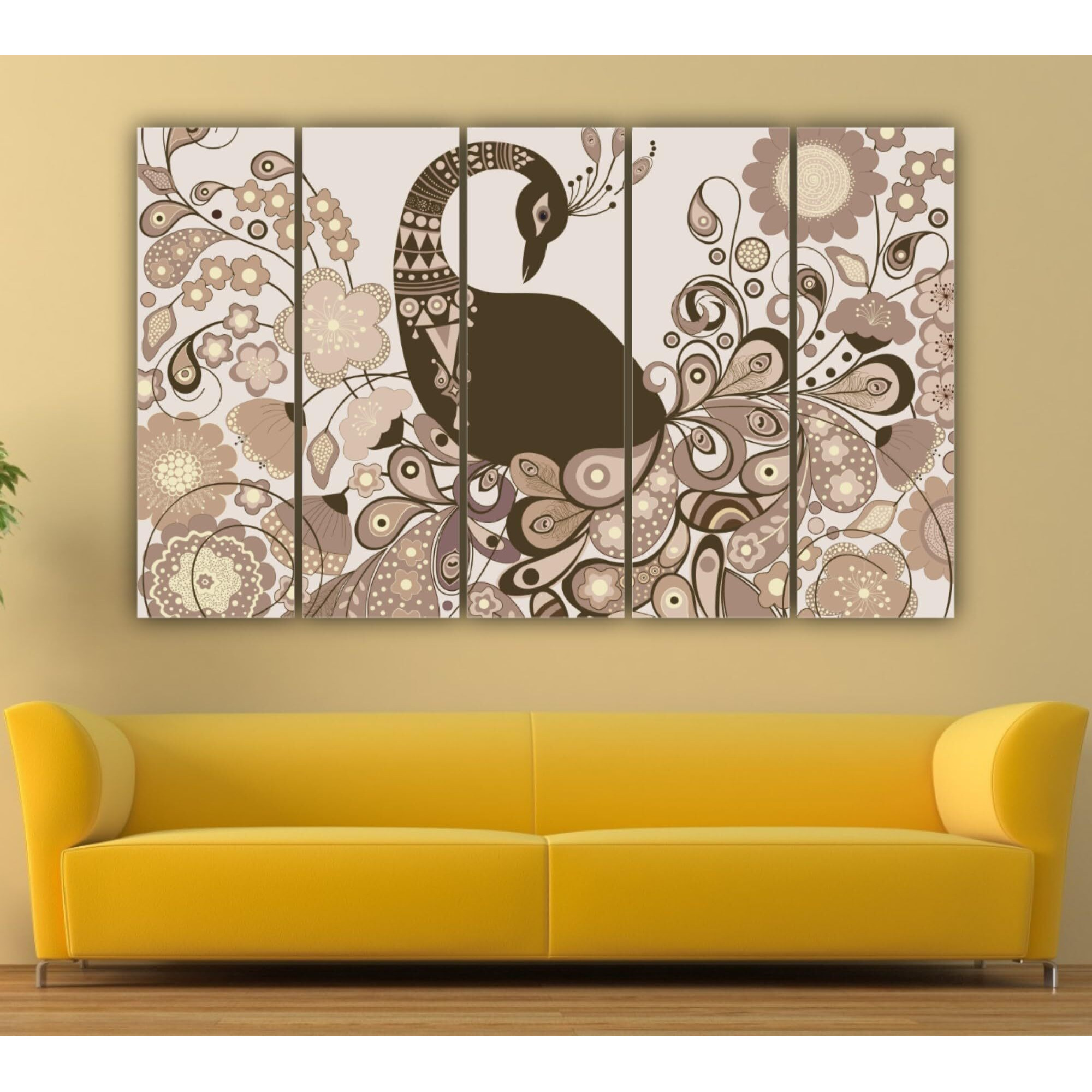 Inephos Multiple Frames Beautiful Peacock Abstract Standard Wall Painting (150 Cm X 76 Cm, Set Of 5, Multi Color)