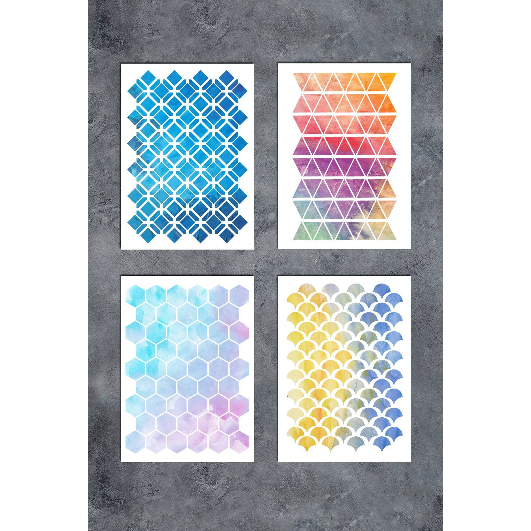 Gss Designs Patterns Stencil Template Set4 Pack- Hexagon Triangles Fish Scale Oriental A5(6X8.25 Inch) - Art Painting For Card Making Canvas Furniture