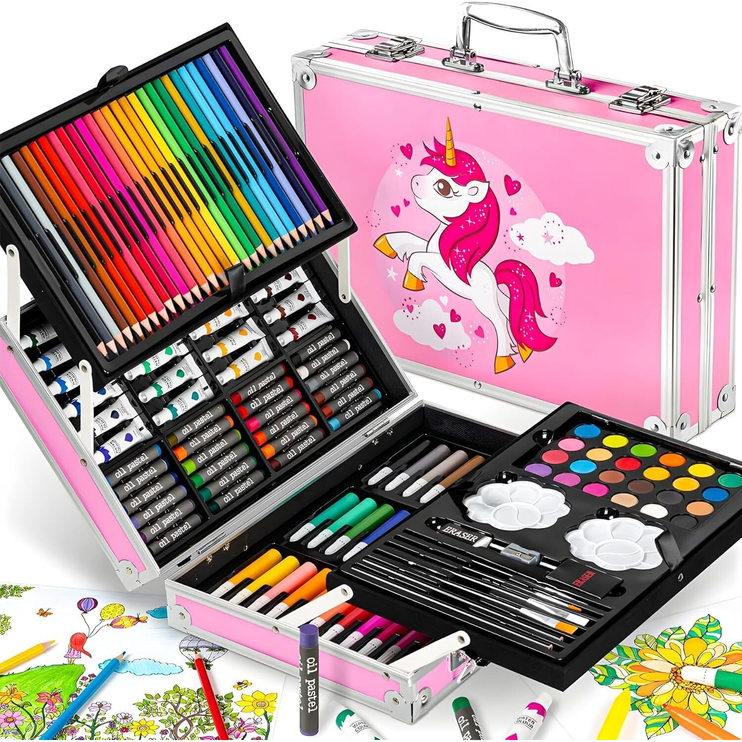 Parssufy 145 Pieces Art Set For Kids With Unicorn Theme Storage Case, Art And Craft Supplies Kit For Drawing And Painting With Oil Pastel, Water Color, Color Pencils, Sketch Pen (Unicorn Design-Pink)
