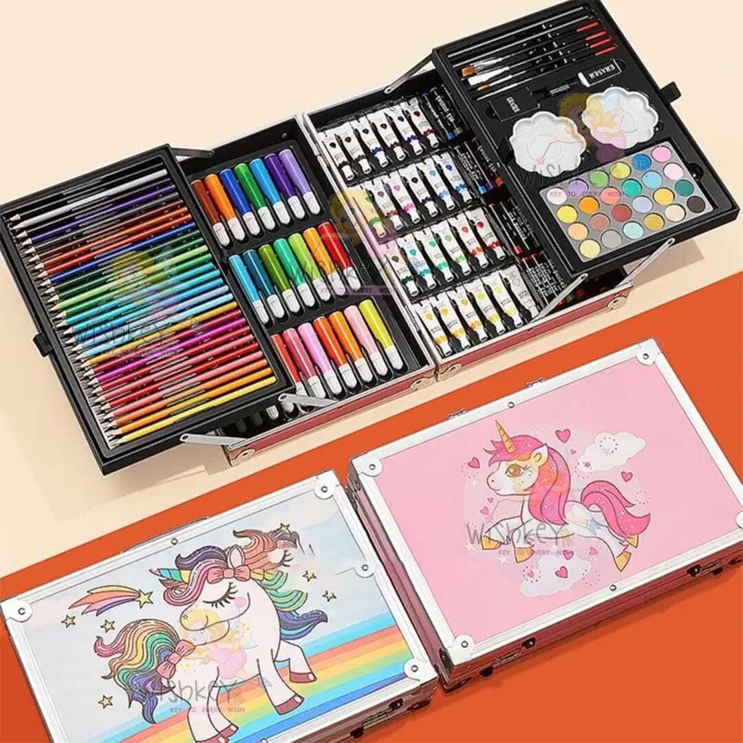 Parssufy 145 Pieces Art Set For Kids With Unicorn Theme Storage Case, Art And Craft Supplies Kit For Drawing And Painting With Oil Pastel, Water Color, Color Pencils, Sketch Pen (Unicorn Design-Pink)
