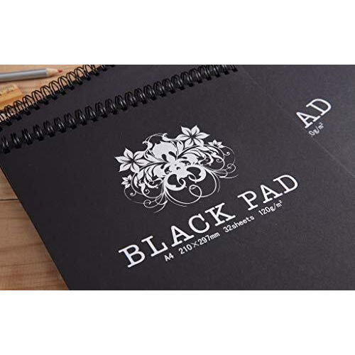 Artrack Black Drawing Paper Sketch Pad For Pencil, Acrylic Marker, Opaque Inks, Gouache And Pastels, Wire Bound, 120 Gsm, 210 X 297 Mm Black, 32 Sheets