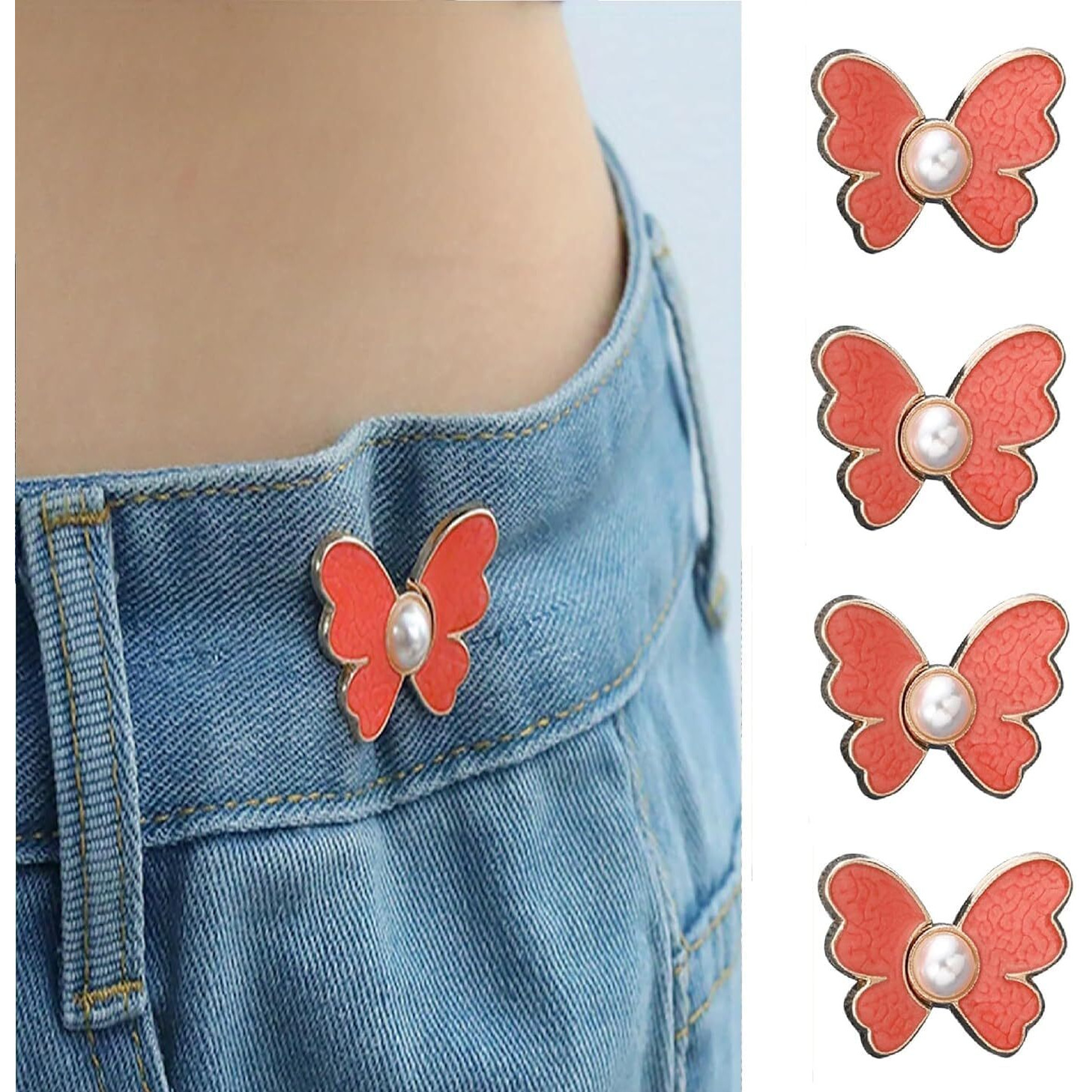 Shubhpetal Adjustable Jean Button Pins Butterfly Shaped Waist Tightener Jean Buttons For Jeans Pants No Sewing Required Jean Buttons Pins (Butterfly Waist Pin Orange - 4)