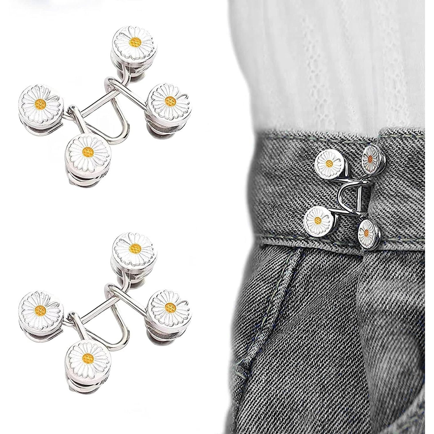 Snehida Waist Tightener Adjustable Buckle Set Extra Button Make Tighter Jeans Instant Pins Pants Skirts No Sewing Required Extender Jean Clips For Dress Perfect Fit Loose (Flower Waist Pin) (8)